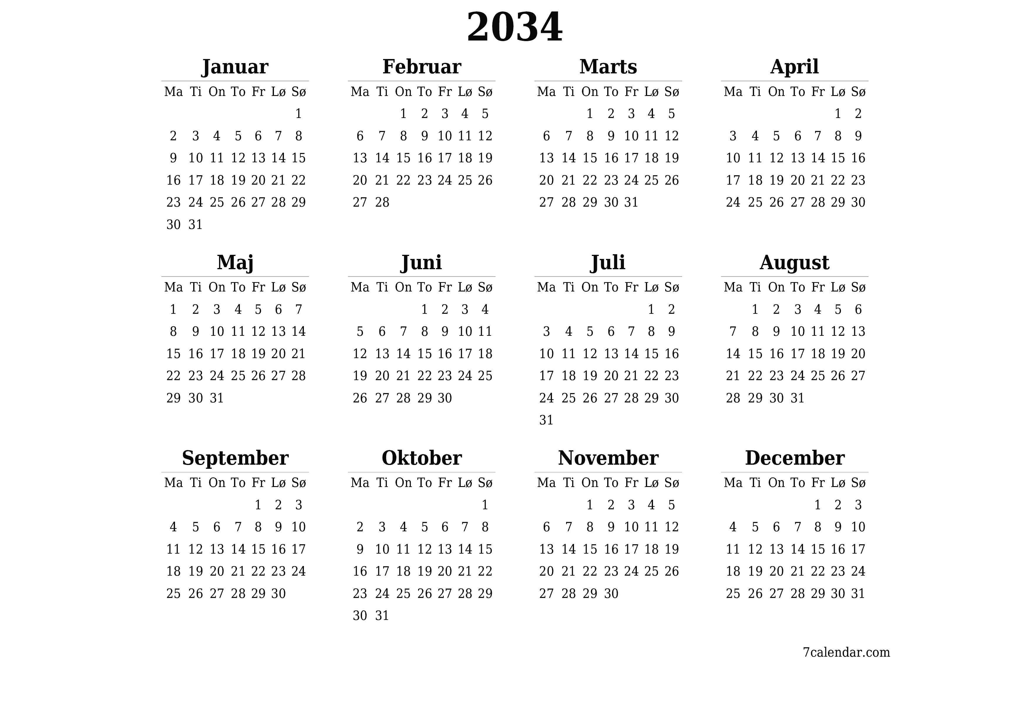 Tom årlig planlægningskalender for året 2034 med noter, gem og udskriv til PDF PNG Danish