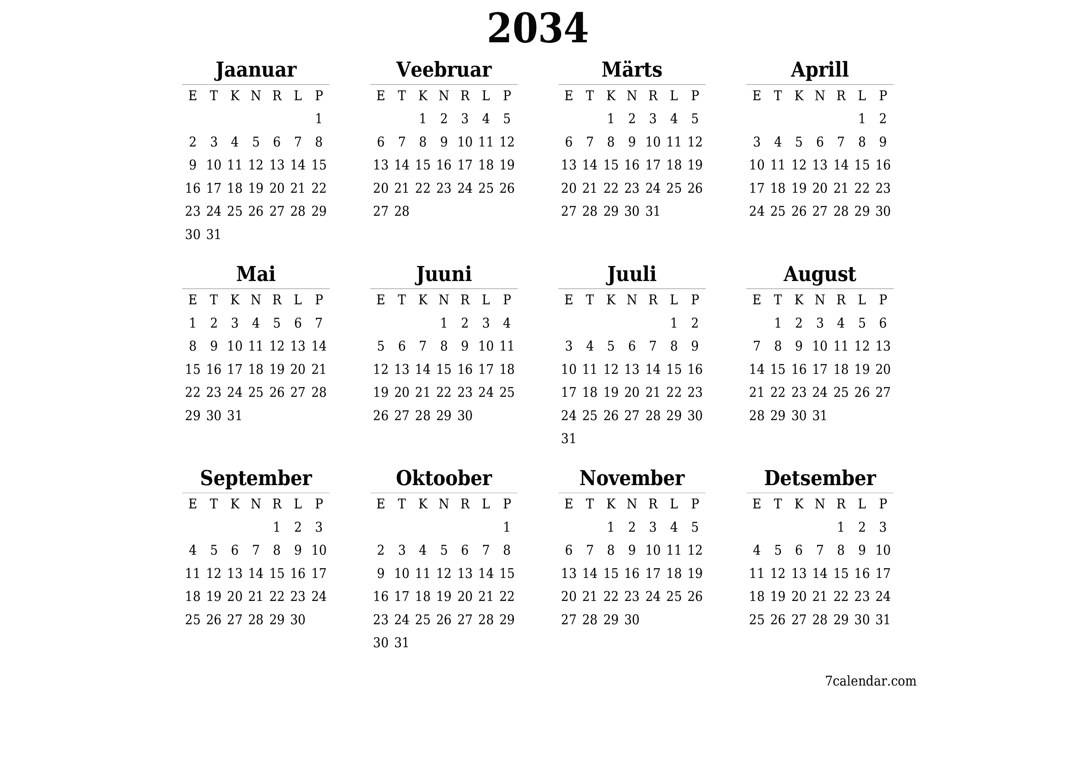 Tühi aasta planeerija kalender aastaks 2034 koos märkmetega, salvestage ja printige PDF-i PNG Estonian