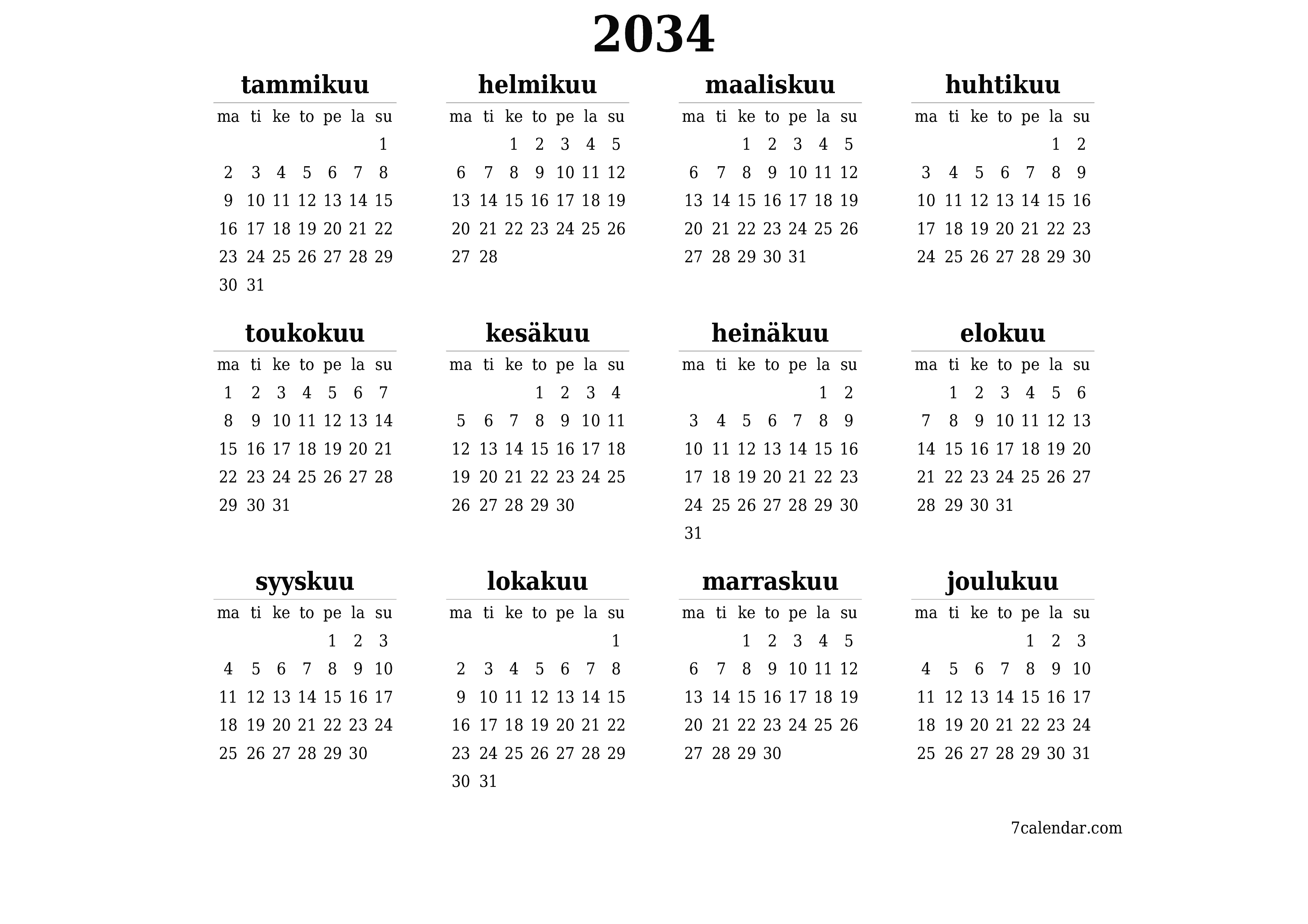 Tyhjä vuosisuunnittelukalenteri vuodelle 2034 muistiinpanoilla, tallenna ja tulosta PDF-muotoon PNG Finnish