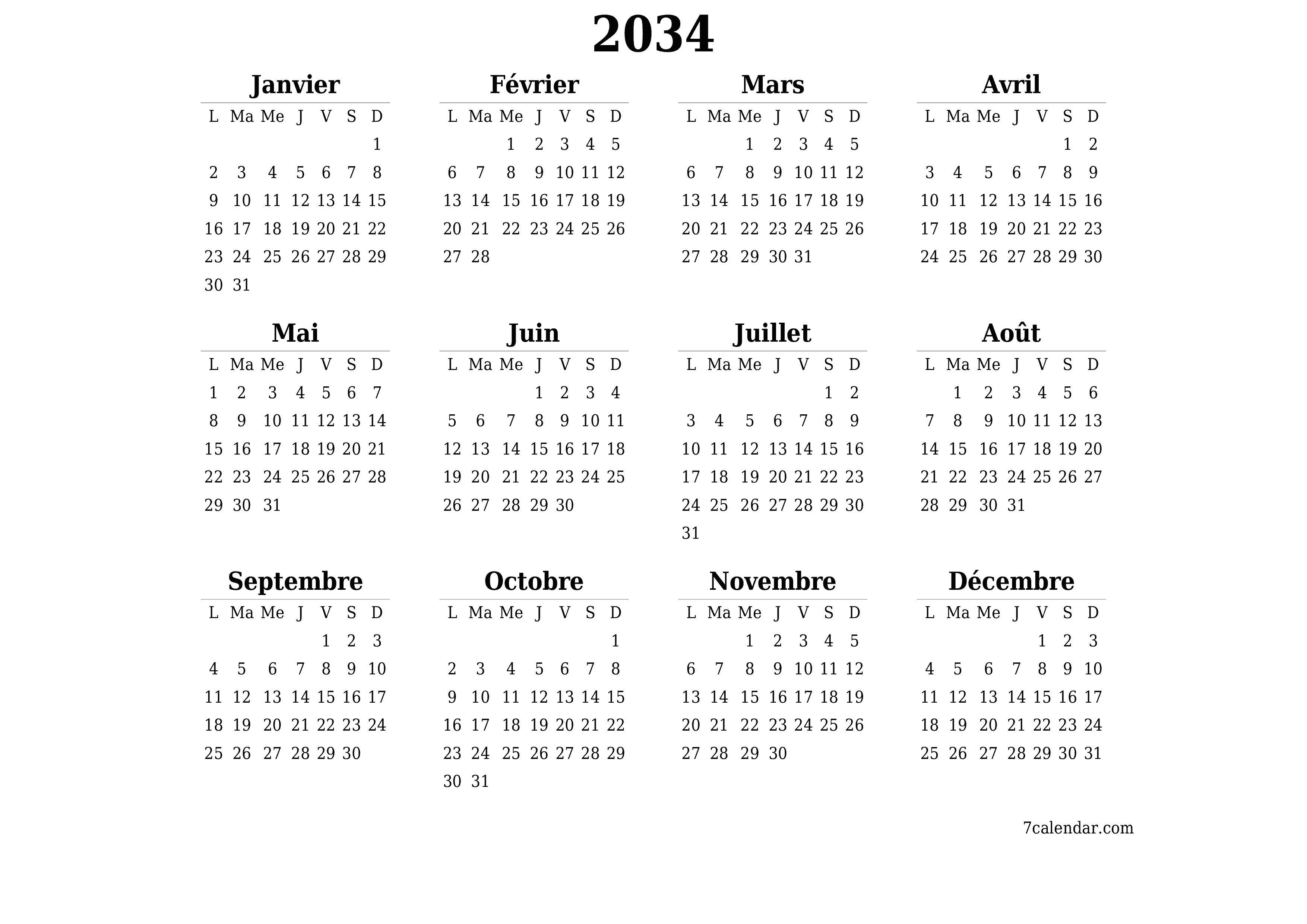 Calendrier annuel vide pour l'année 2034 avec notes, enregistrer et imprimer au format PDF PNG French