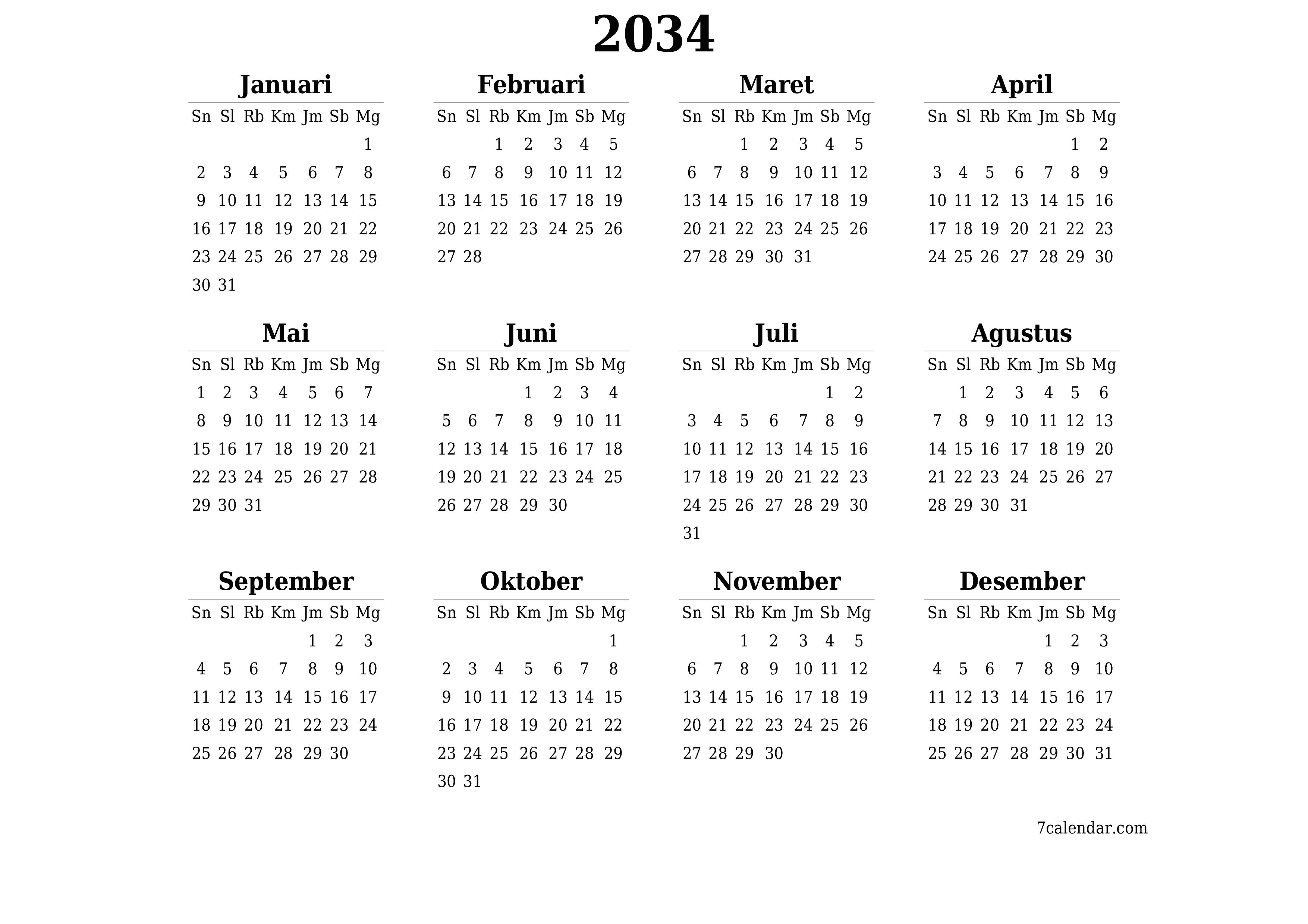 Kosongkan kalender perencana tahunan untuk tahun ini 2034 dengan catatan, simpan dan cetak ke PDF PNG Indonesian