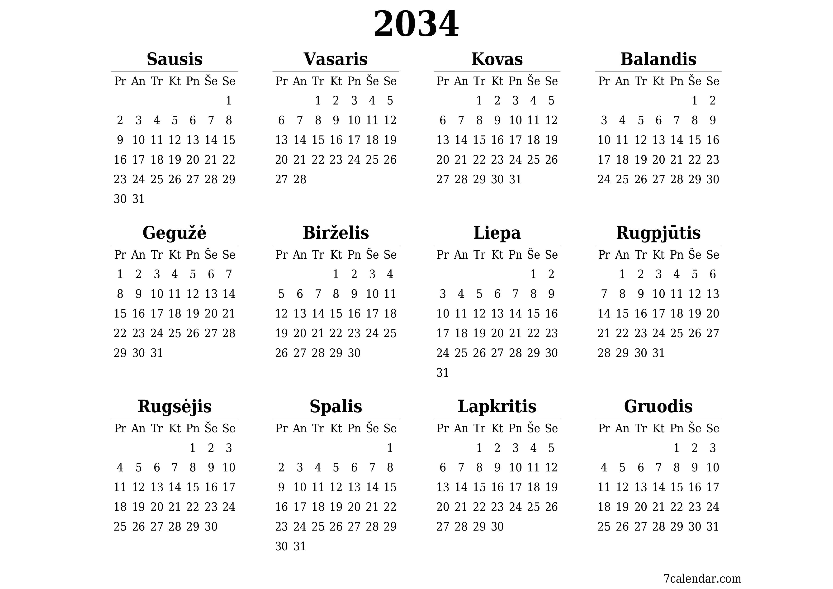 Tuščias metų planavimo kalendorius 2034 su užrašais, išsaugokite ir atsispausdinkite PDF formatu PNG Lithuanian