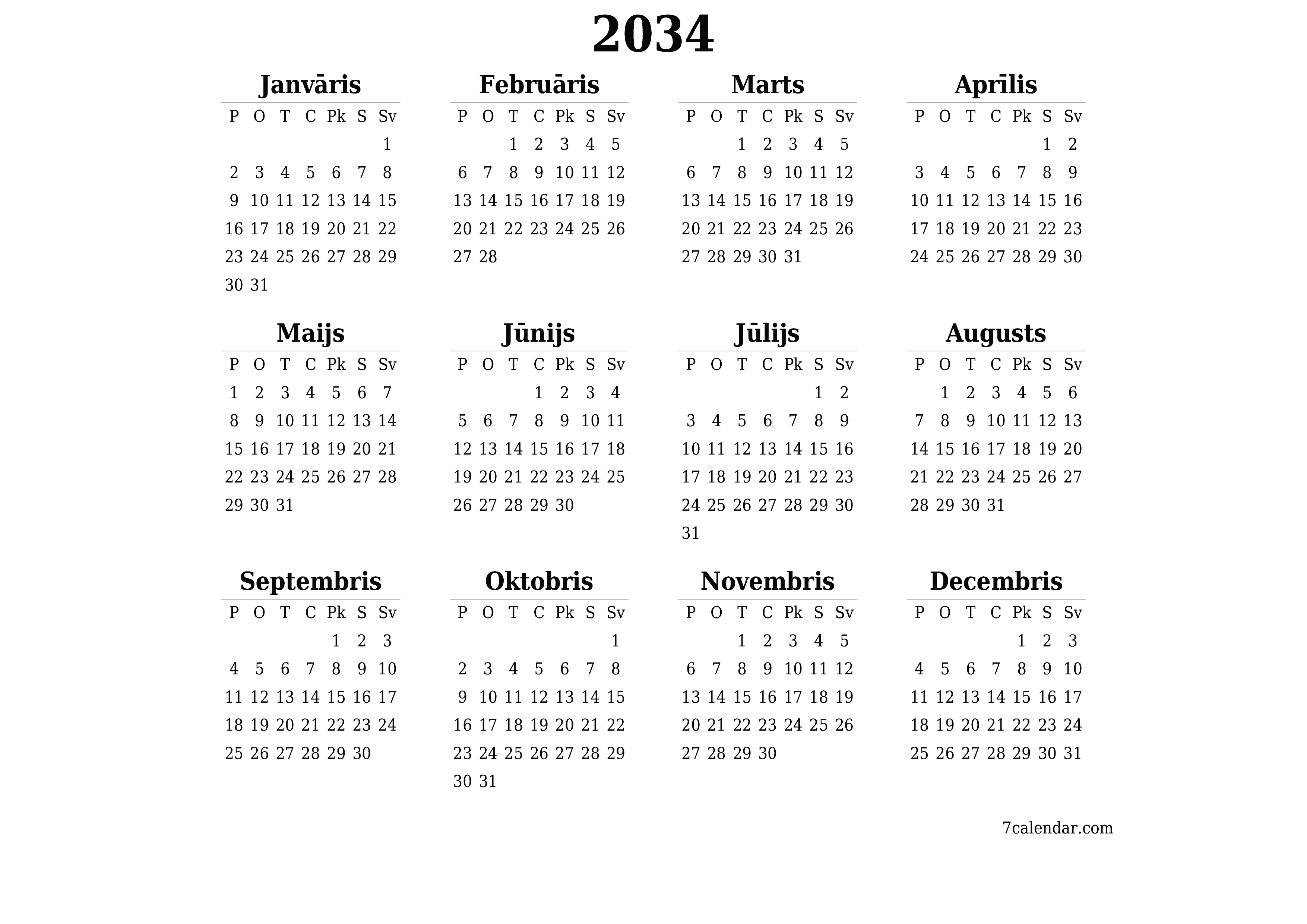 Tukšs gada plānotāja kalendārs gadam 2034 ar piezīmēm, saglabāšana un izdrukāšana PDF formātā PNG Latvian
