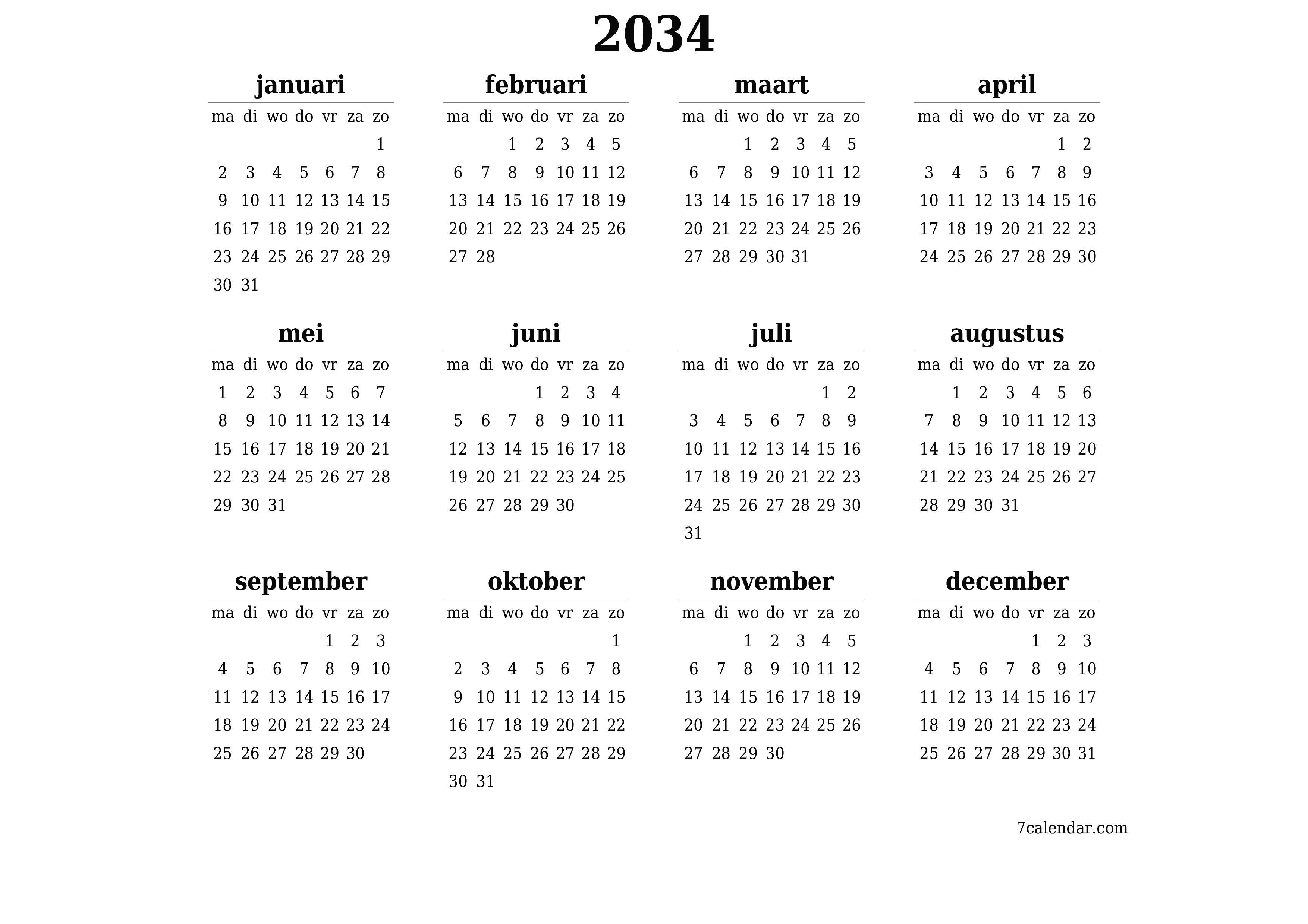 Lege jaarplanningskalender voor het jaar 2034 met notities, opslaan en afdrukken naar pdf PNG Dutch