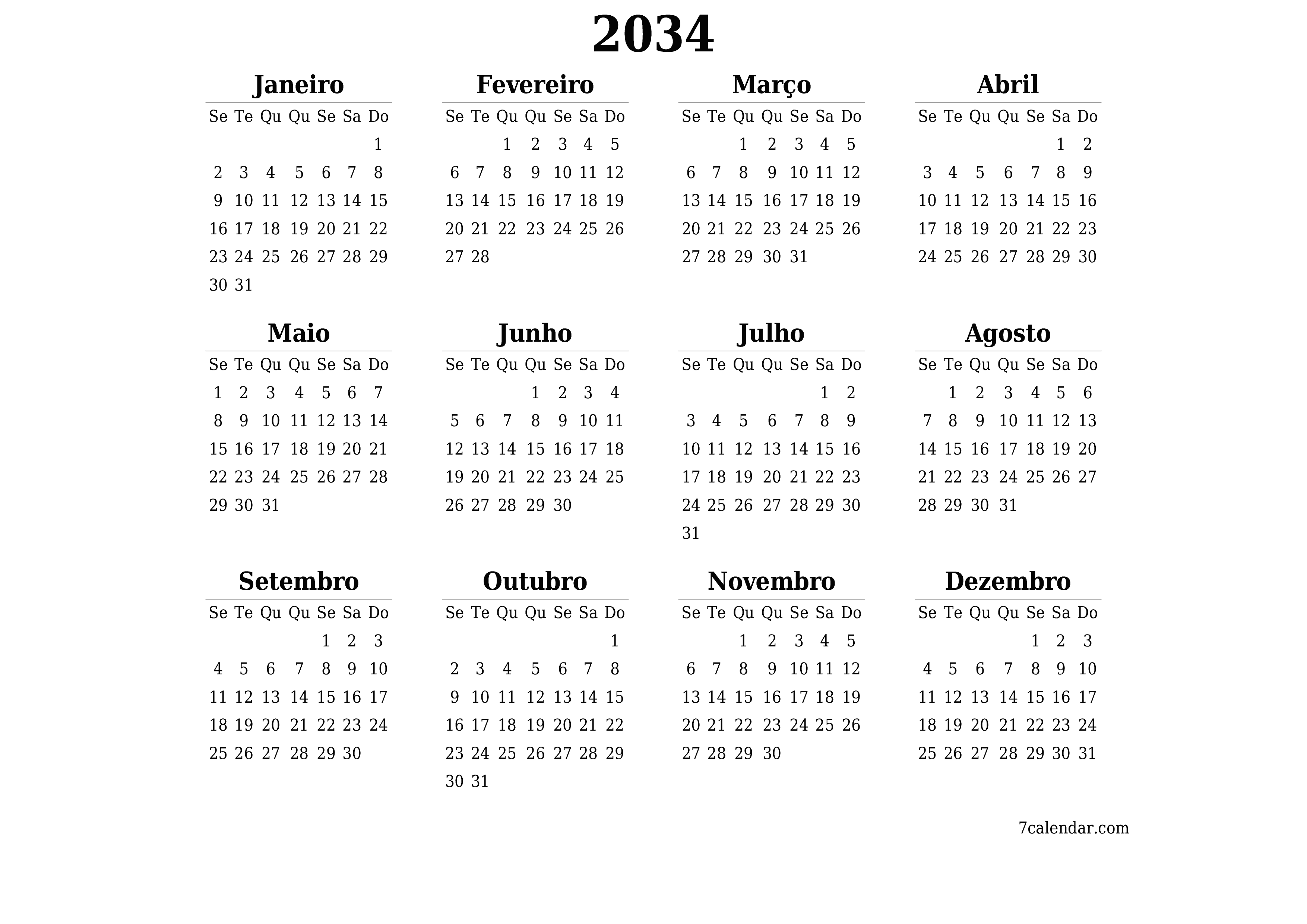Calendário de planejador anual vazio para o ano 2034 com notas, salve e imprima em PDF PNG Portuguese