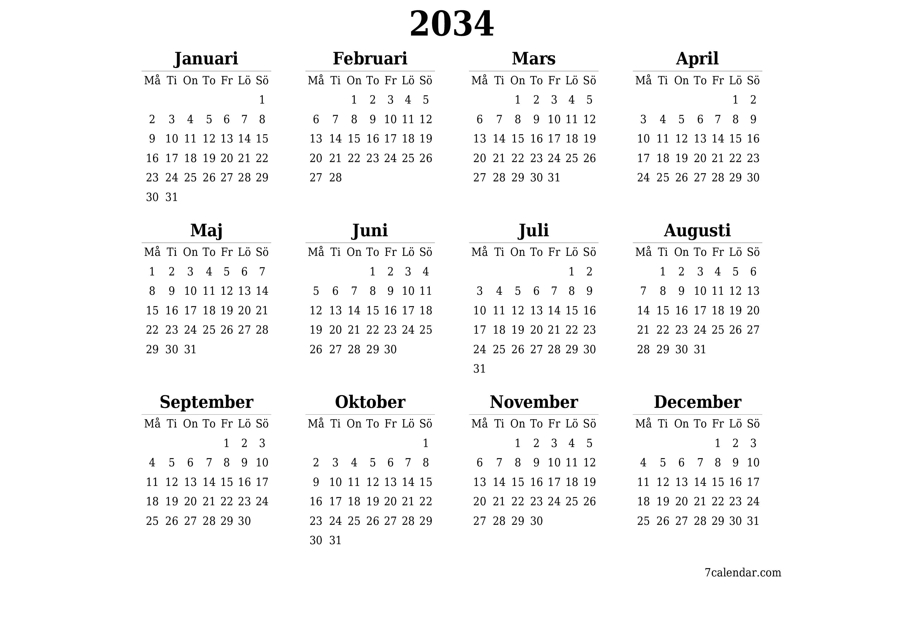 Tom årlig planeringskalender för året 2034 med anteckningar, spara och skriv ut till PDF PNG Swedish