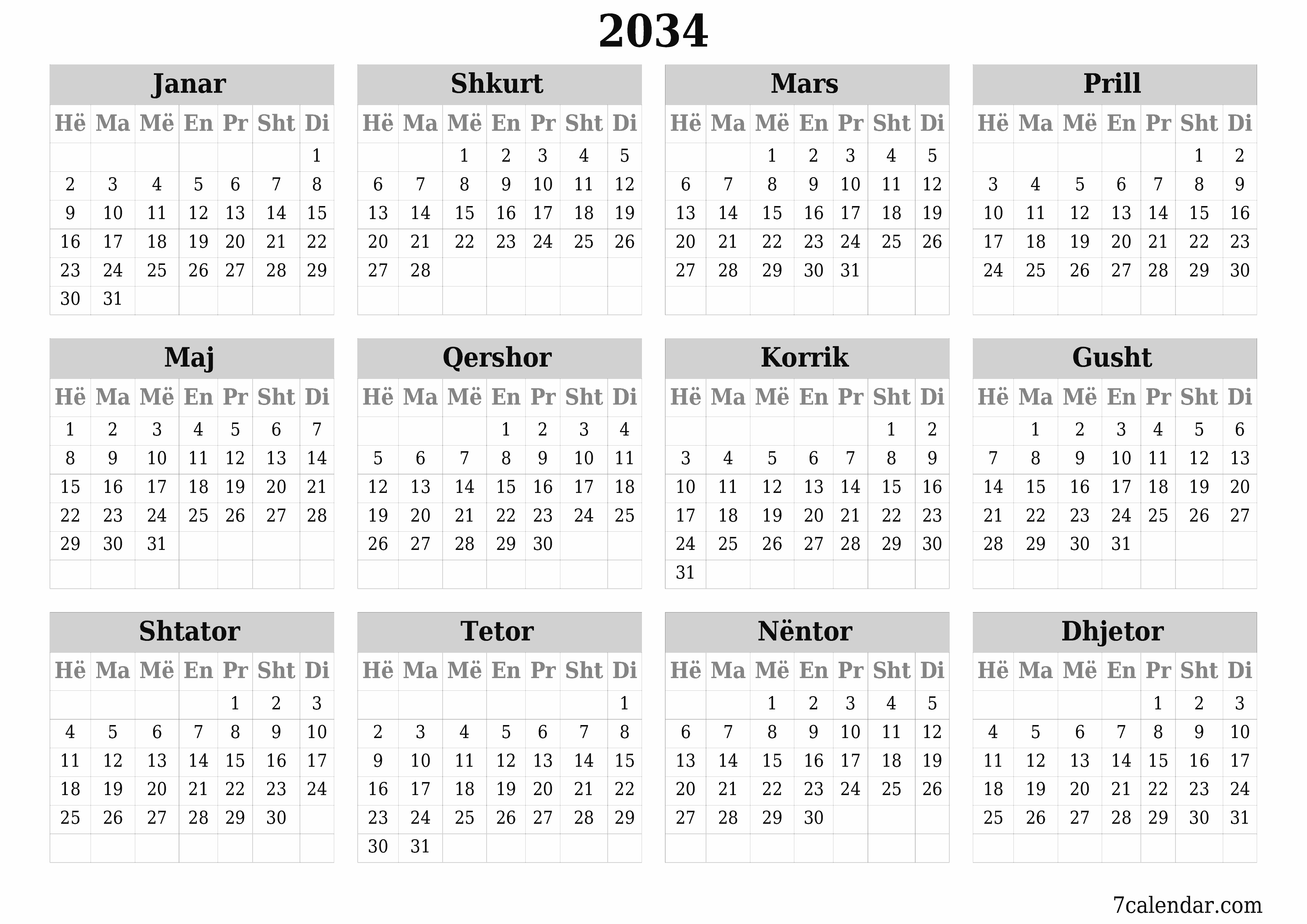 Planifikuesi bosh i kalendarit vjetor për vitin 2034 me shënime, ruani dhe printoni në PDF PNG Albanian