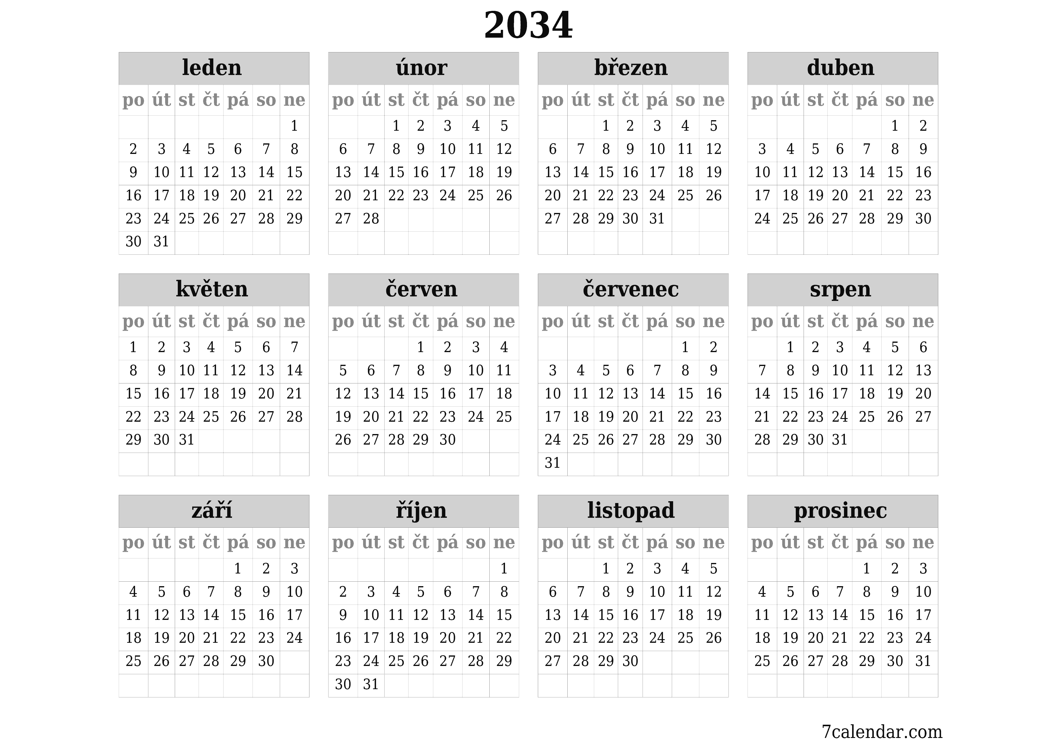 Prázdný roční kalendář plánovače pro rok 2034 s poznámkami, uložením a tiskem do PDF PNG Czech