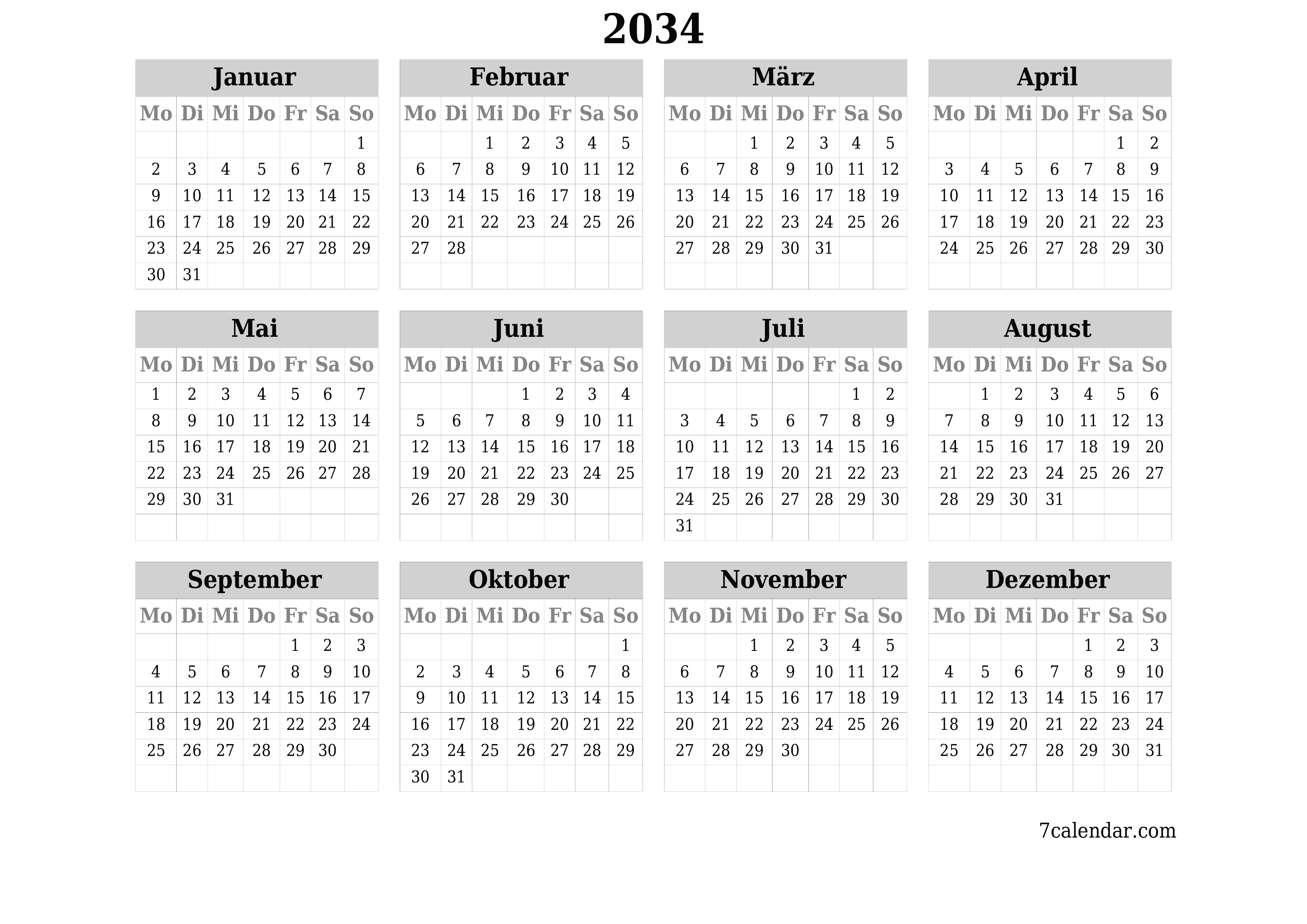 Jahresplanerkalender für das Jahr 2034 mit Notizen leeren, speichern und als PDF PNG German - 7calendar.com drucken