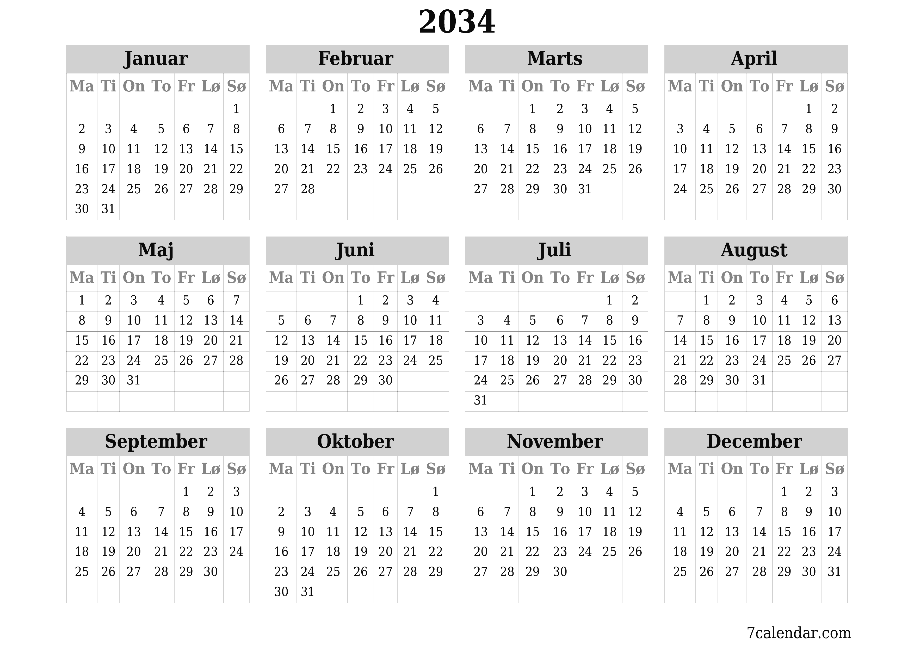 Tom årlig planlægningskalender for året 2034 med noter, gem og udskriv til PDF PNG Danish