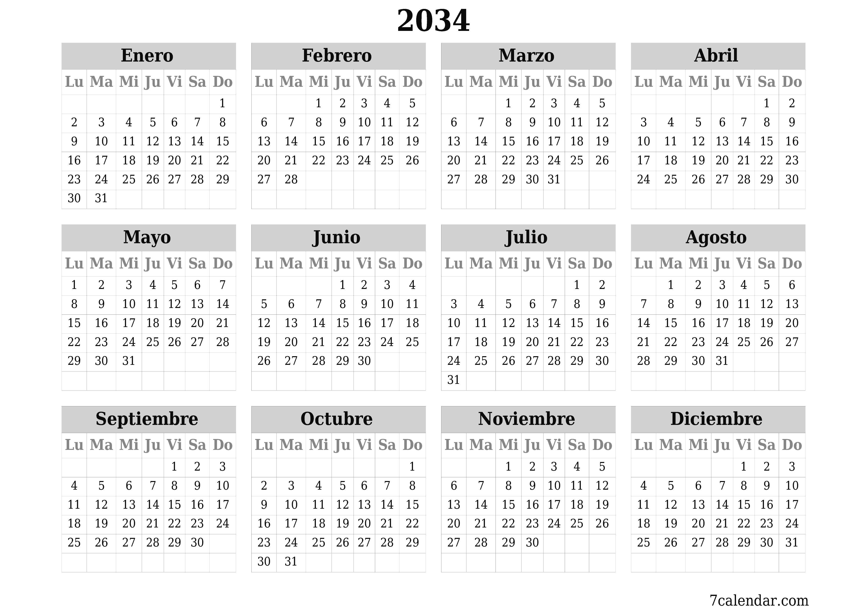 Calendario planificador anual vacío para el año 2034 con notas, guardar e imprimir en PDF PNG Spanish