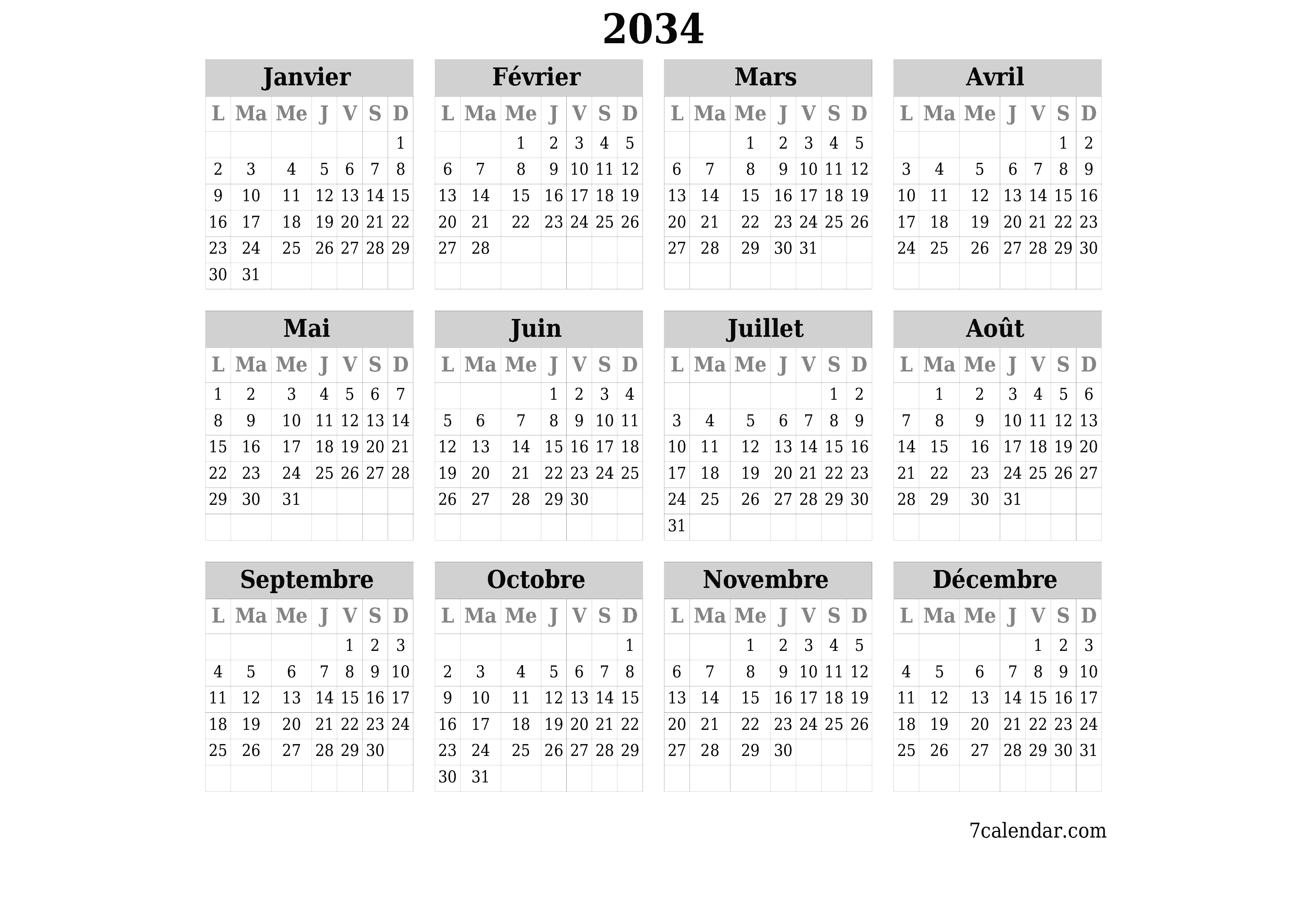 Calendrier annuel vide pour l'année 2034 avec notes, enregistrer et imprimer au format PDF PNG French