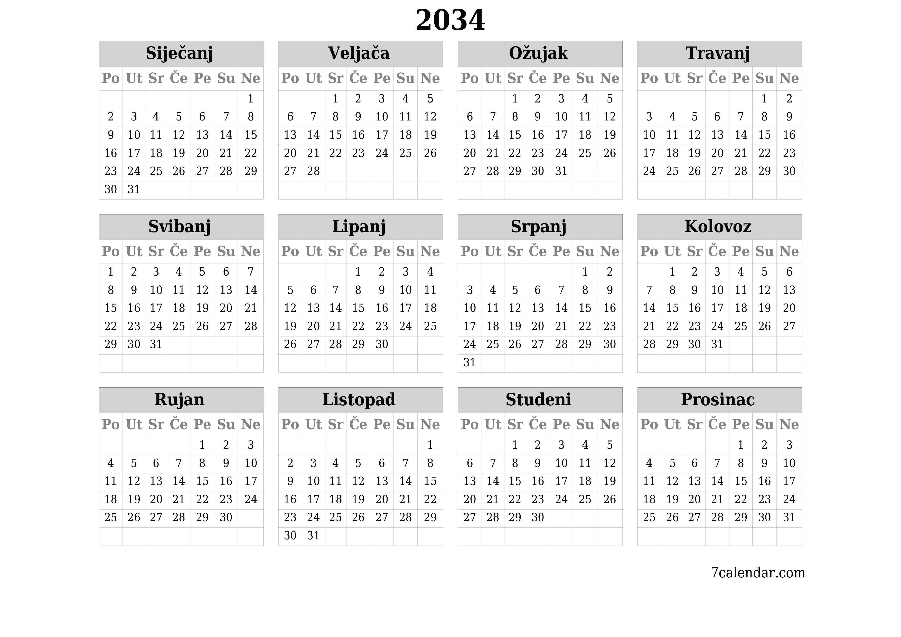 Ispraznite godišnji kalendar planera za godinu 2034 s bilješkama, spremite i ispišite u PDF PNG Croatian