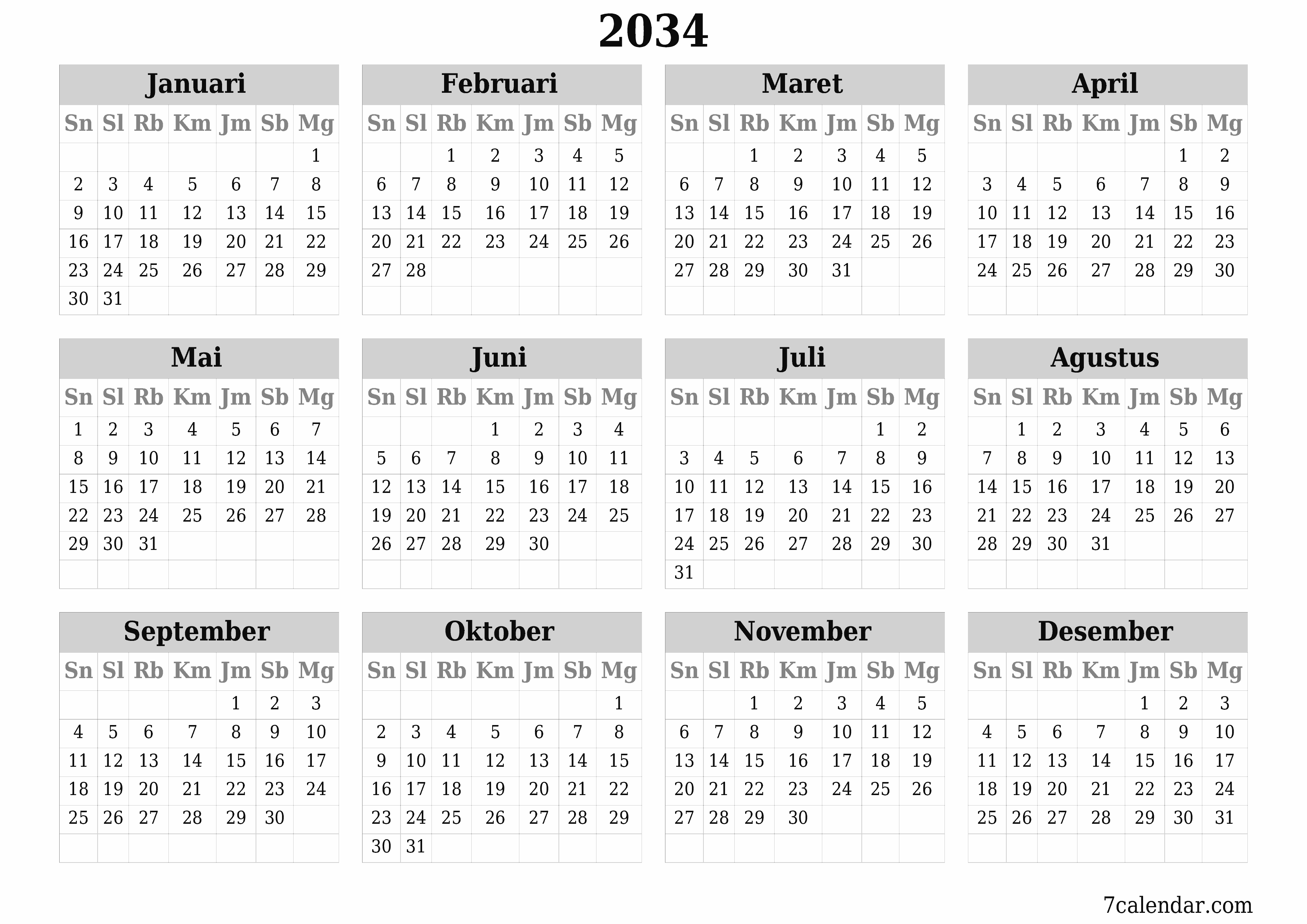 Kosongkan kalender perencana tahunan untuk tahun ini 2034 dengan catatan, simpan dan cetak ke PDF PNG Indonesian