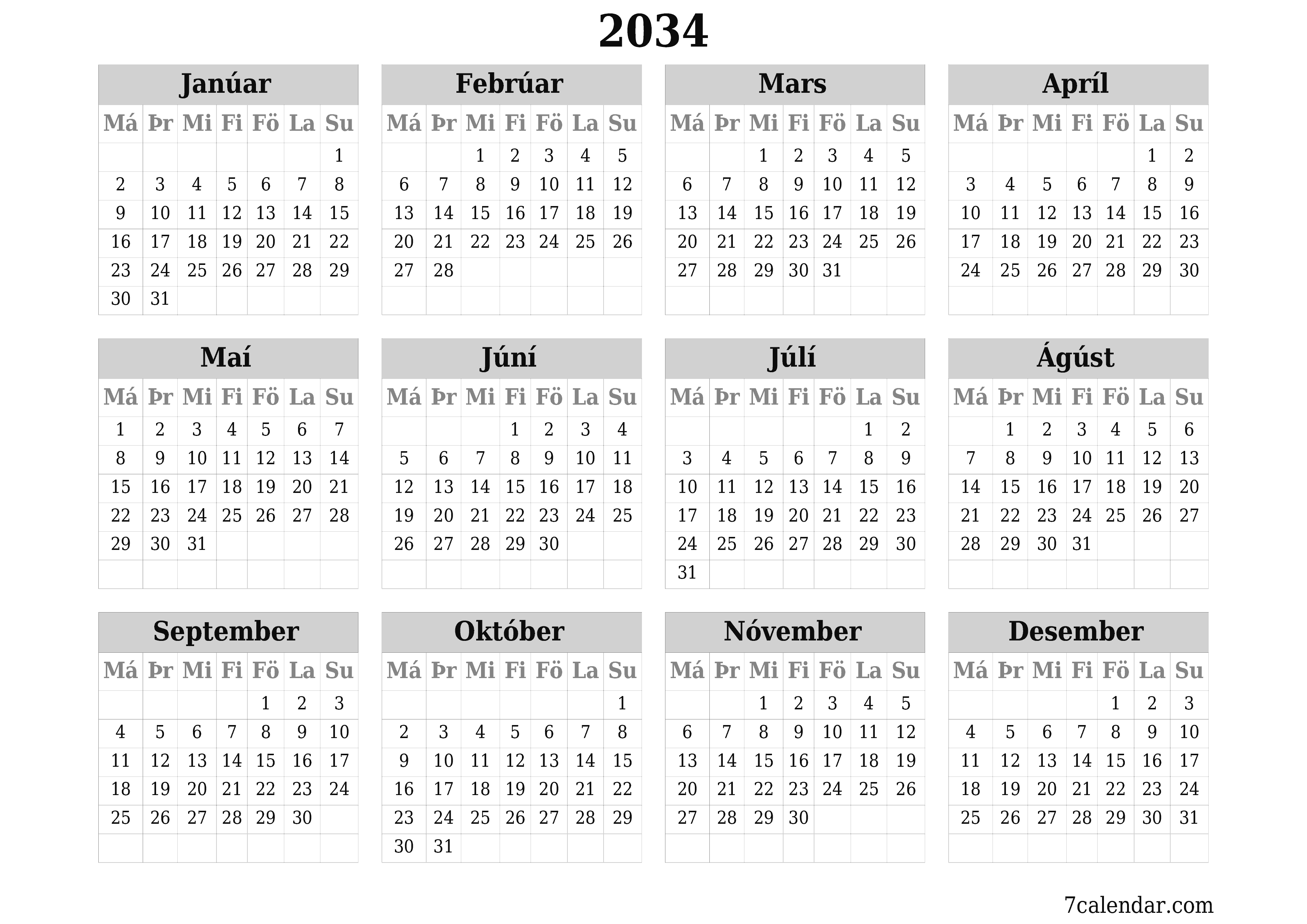 Tómt árlegt dagatal skipuleggjanda fyrir árið 2034 með athugasemdum, vista og prenta á PDF PNG Icelandic