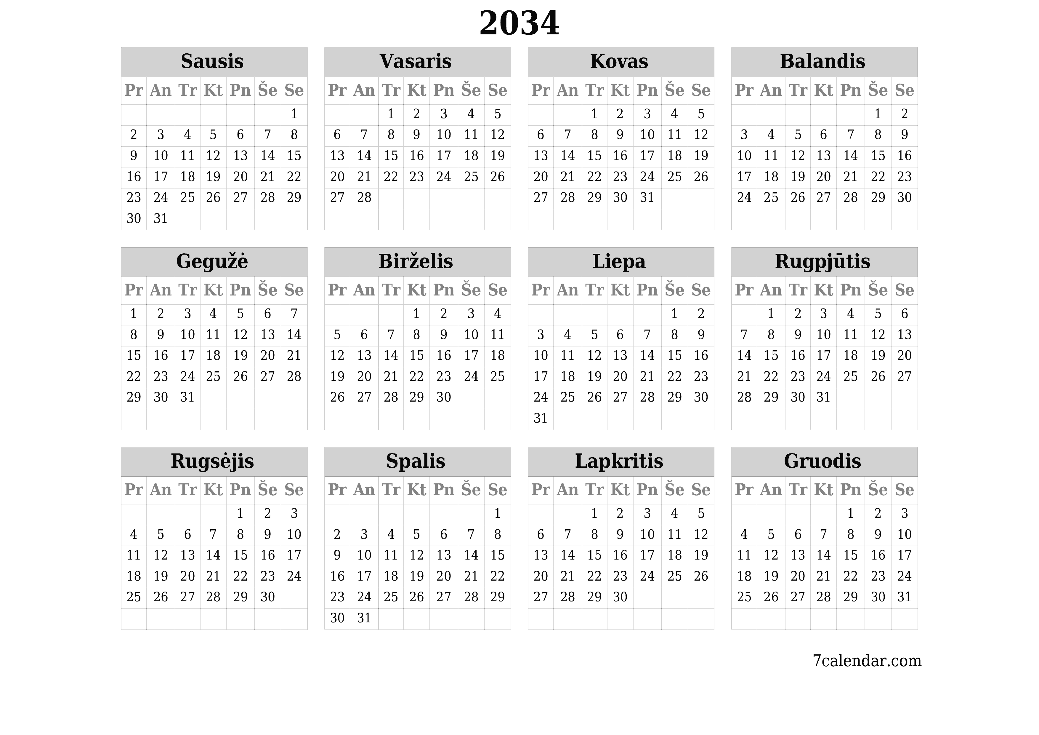 Tuščias metų planavimo kalendorius 2034 su užrašais, išsaugokite ir atsispausdinkite PDF formatu PNG Lithuanian