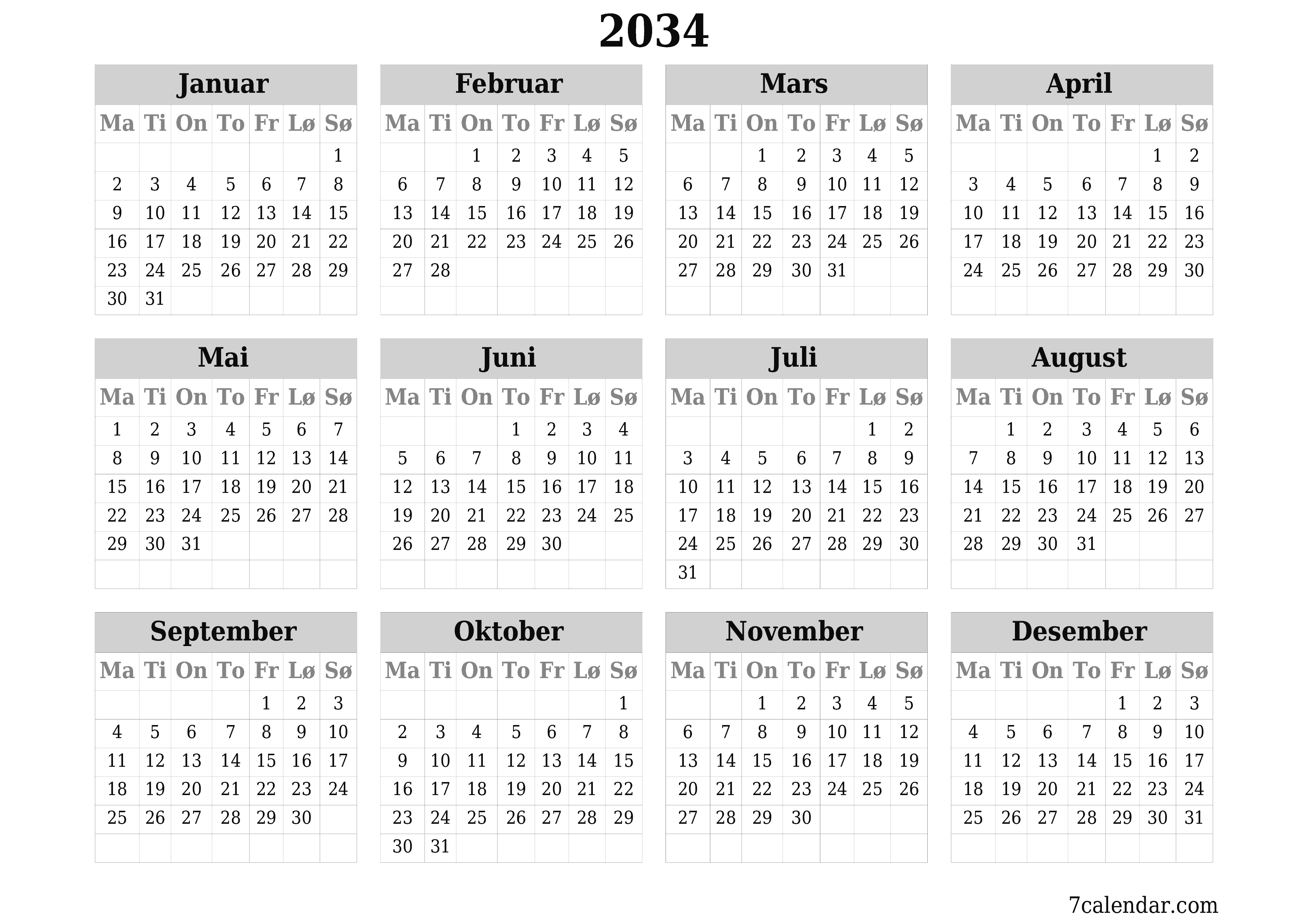 Tom årlig planleggerkalender for året 2034 med notater, lagre og skrive ut i PDF PNG Norwegian