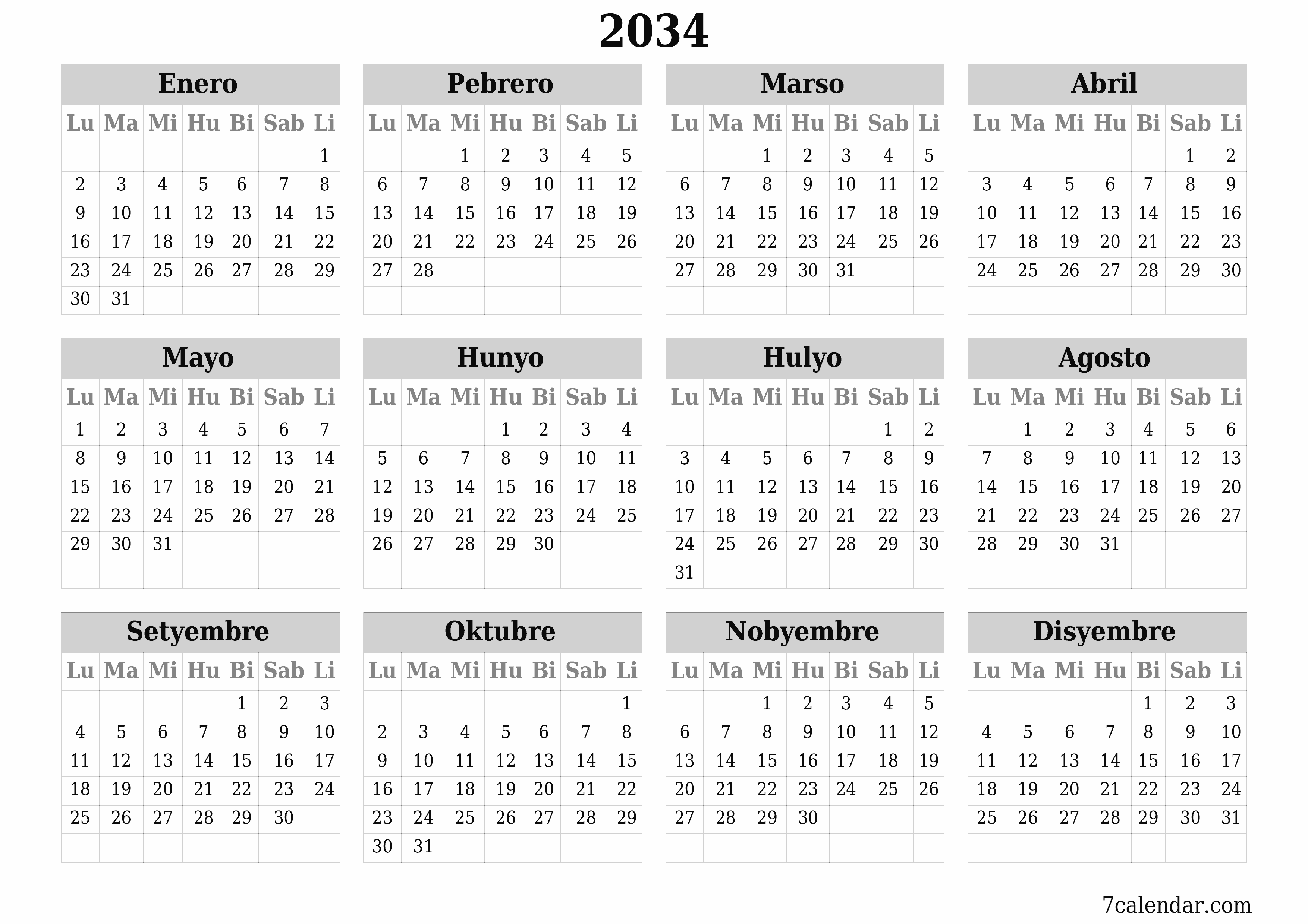 Walang laman ang taunang kalendaryo ng tagaplano para sa taong 2034 na may mga tala, i-save at i-print sa PDF PNG Filipino