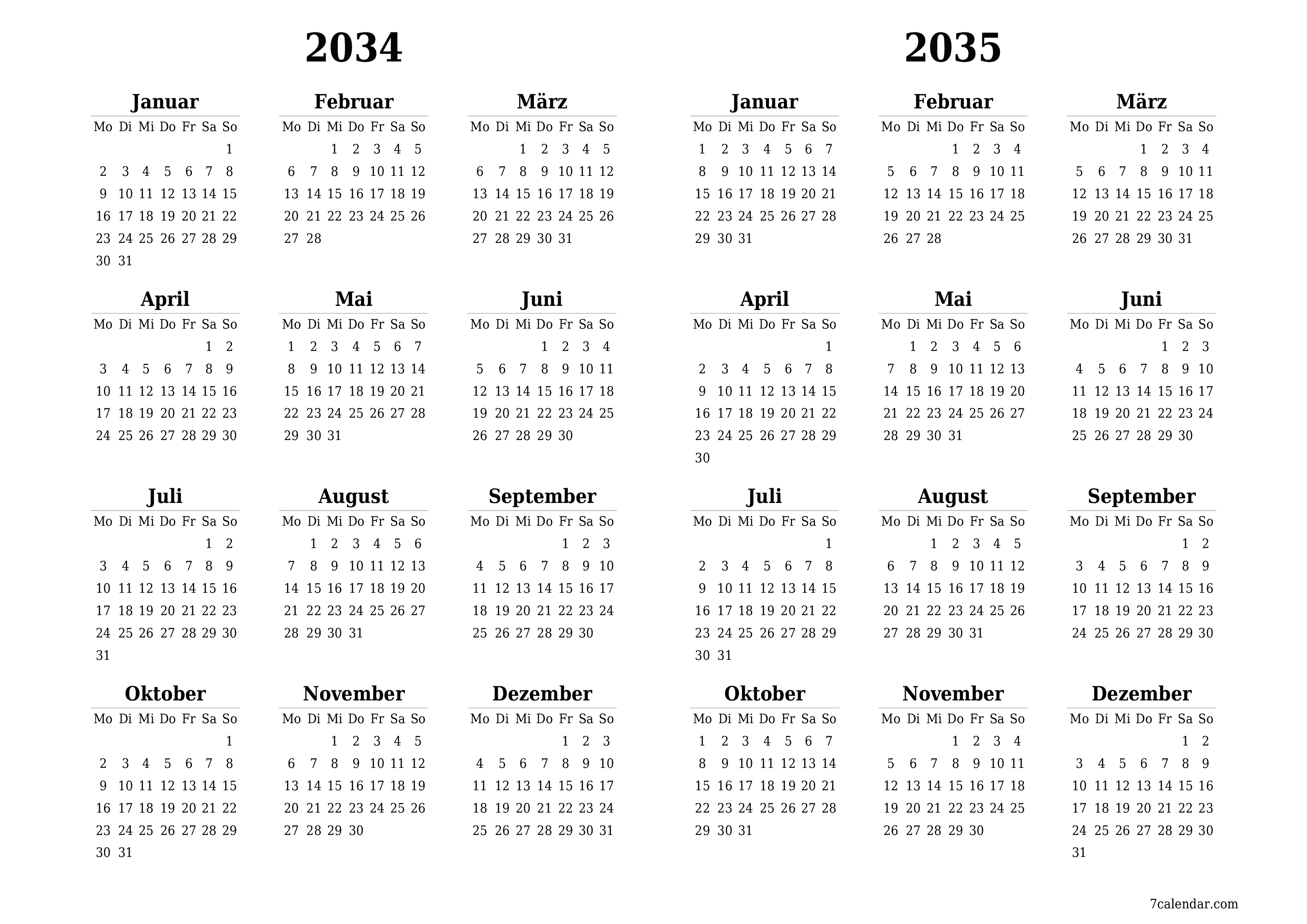 Jahresplanerkalender für das Jahr 2034, 2035 mit Notizen leeren, speichern und als PDF PNG German - 7calendar.com drucken