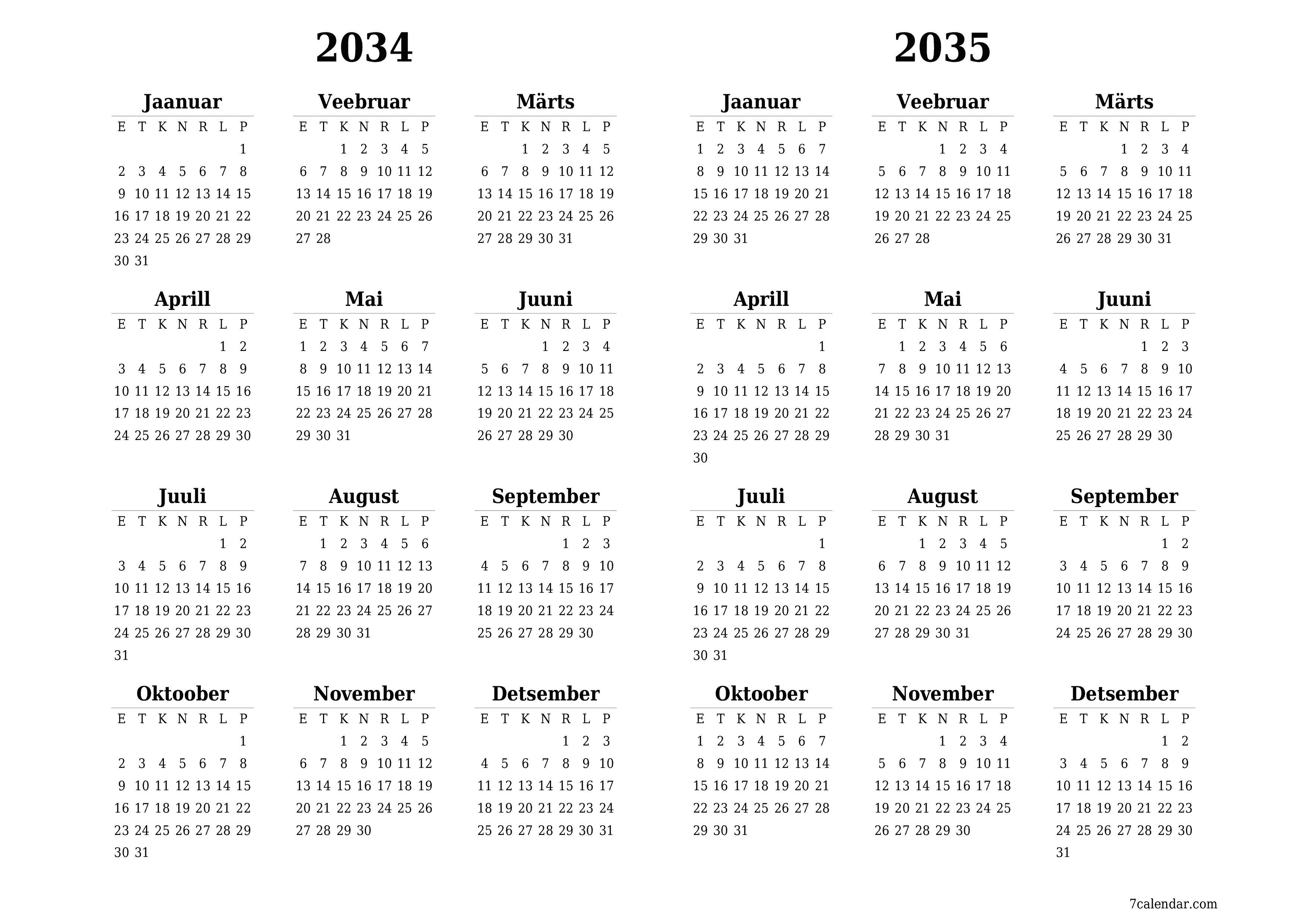 Tühi aasta planeerija kalender aastaks 2034, 2035 koos märkmetega, salvestage ja printige PDF-i PNG Estonian