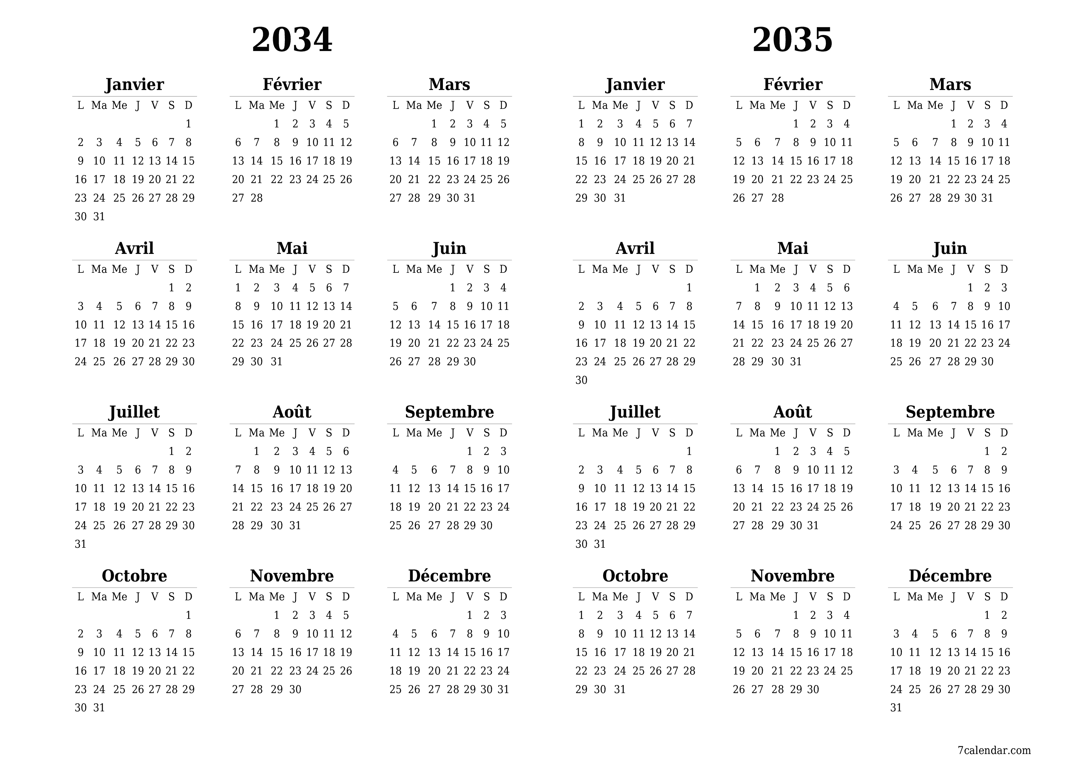 Calendrier annuel vide pour l'année 2034, 2035 avec notes, enregistrer et imprimer au format PDF PNG French