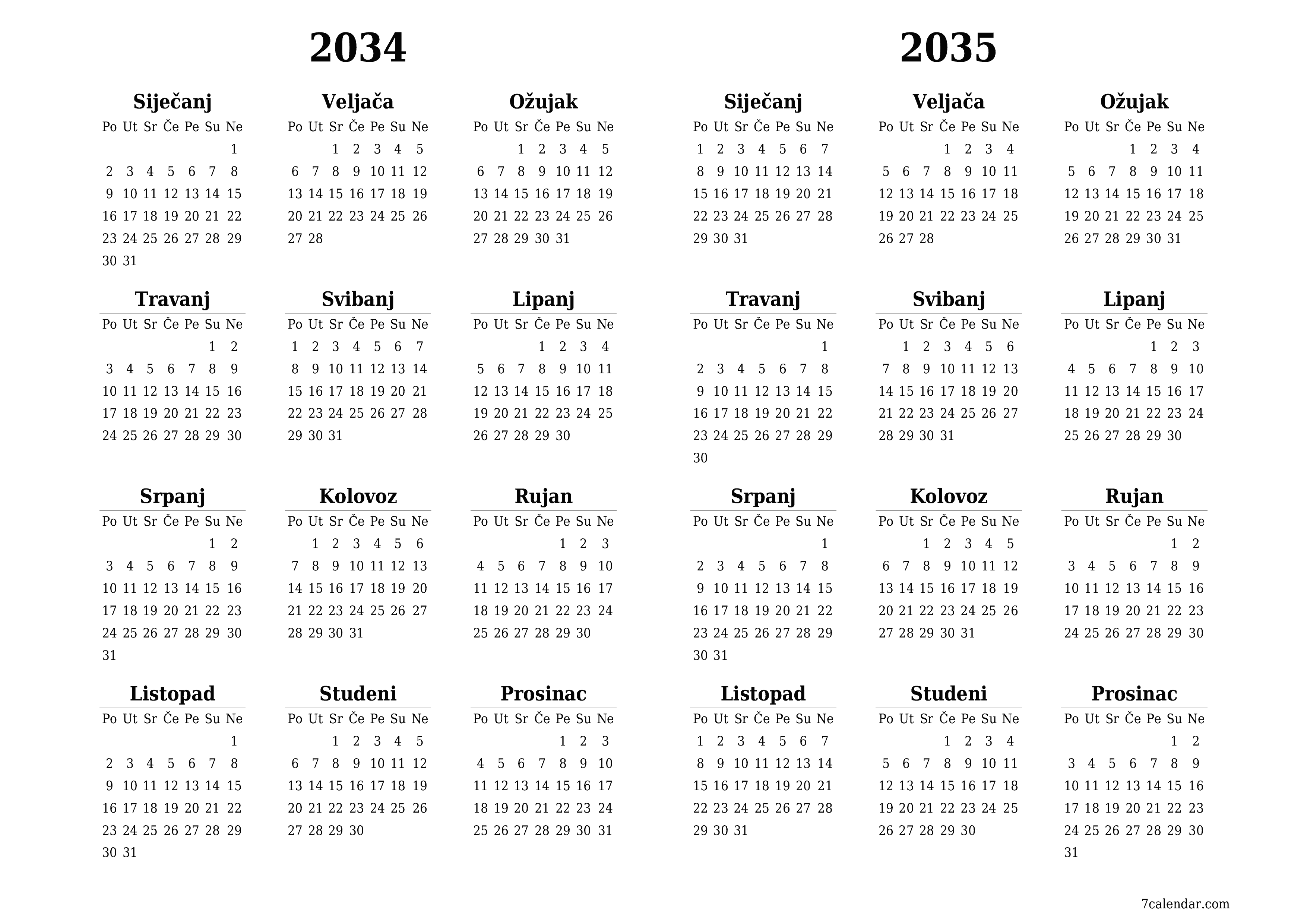 Ispraznite godišnji kalendar planera za godinu 2034, 2035 s bilješkama, spremite i ispišite u PDF PNG Croatian