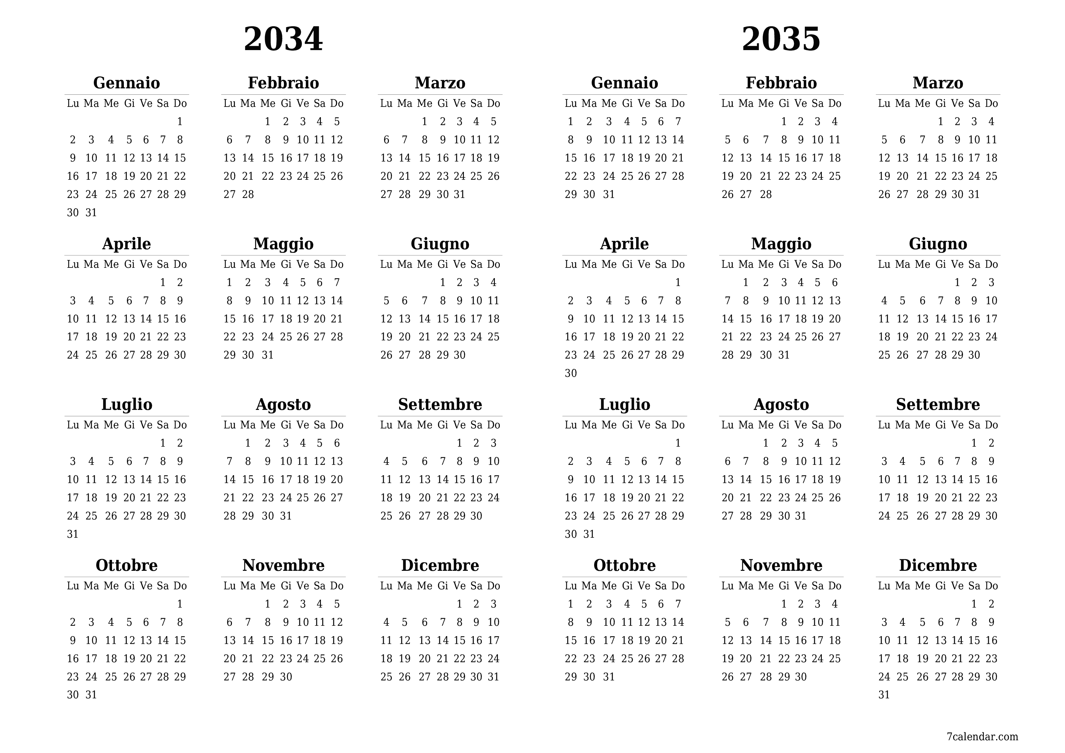 Calendario pianificatore annuale vuoto per l'anno 2034, 2035 con note, salva e stampa in PDF PNG Italian