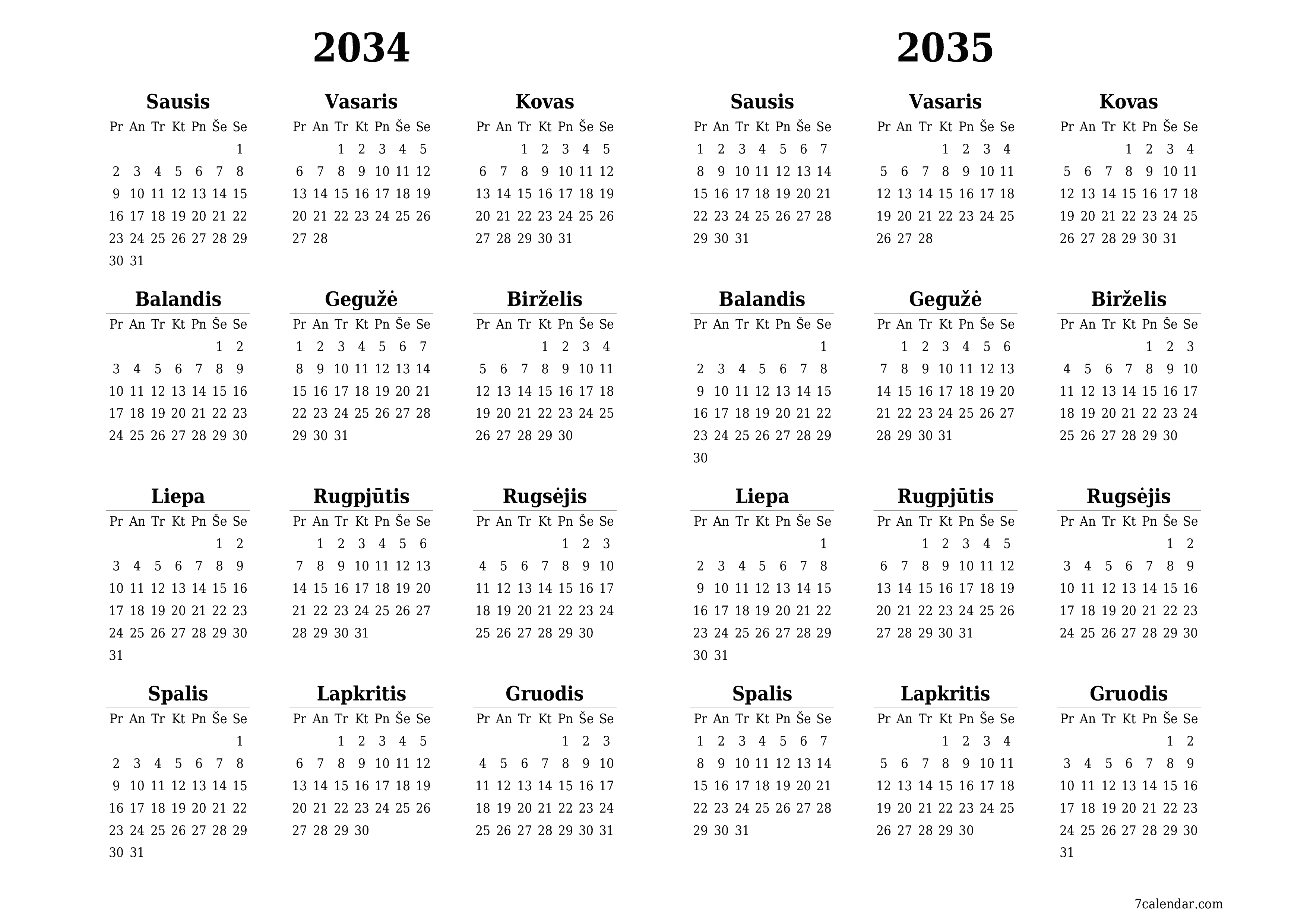 Tuščias metų planavimo kalendorius 2034, 2035 su užrašais, išsaugokite ir atsispausdinkite PDF formatu PNG Lithuanian