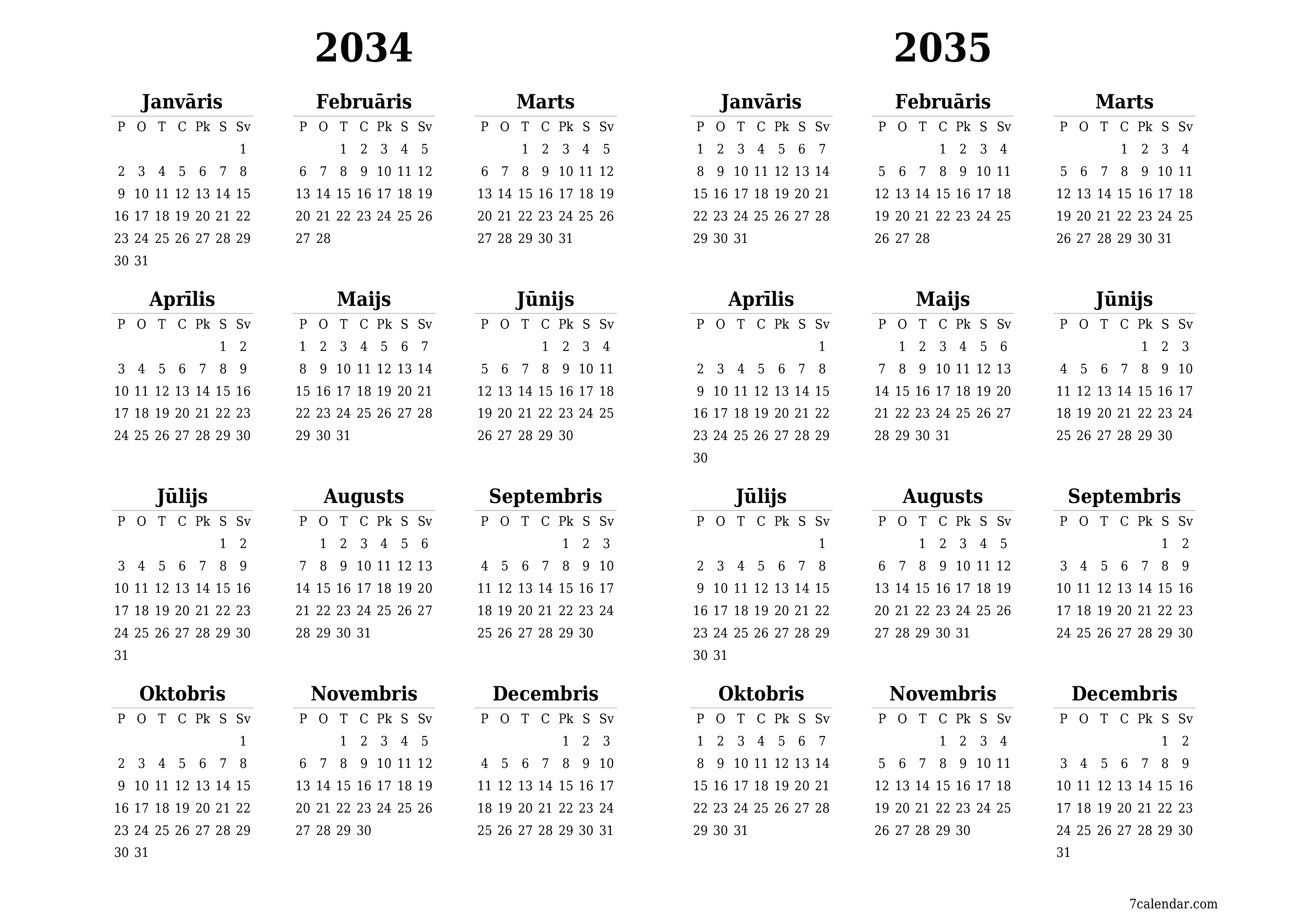 Tukšs gada plānotāja kalendārs gadam 2034, 2035 ar piezīmēm, saglabāšana un izdrukāšana PDF formātā PNG Latvian