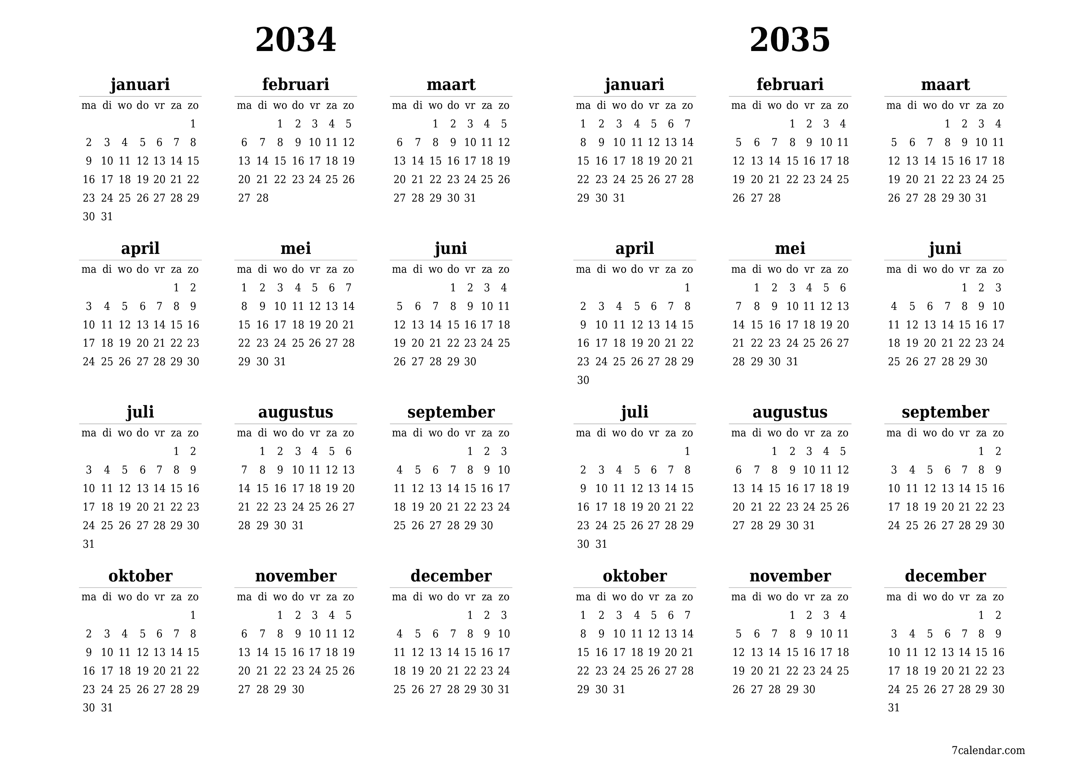 Lege jaarplanningskalender voor het jaar 2034, 2035 met notities, opslaan en afdrukken naar pdf PNG Dutch