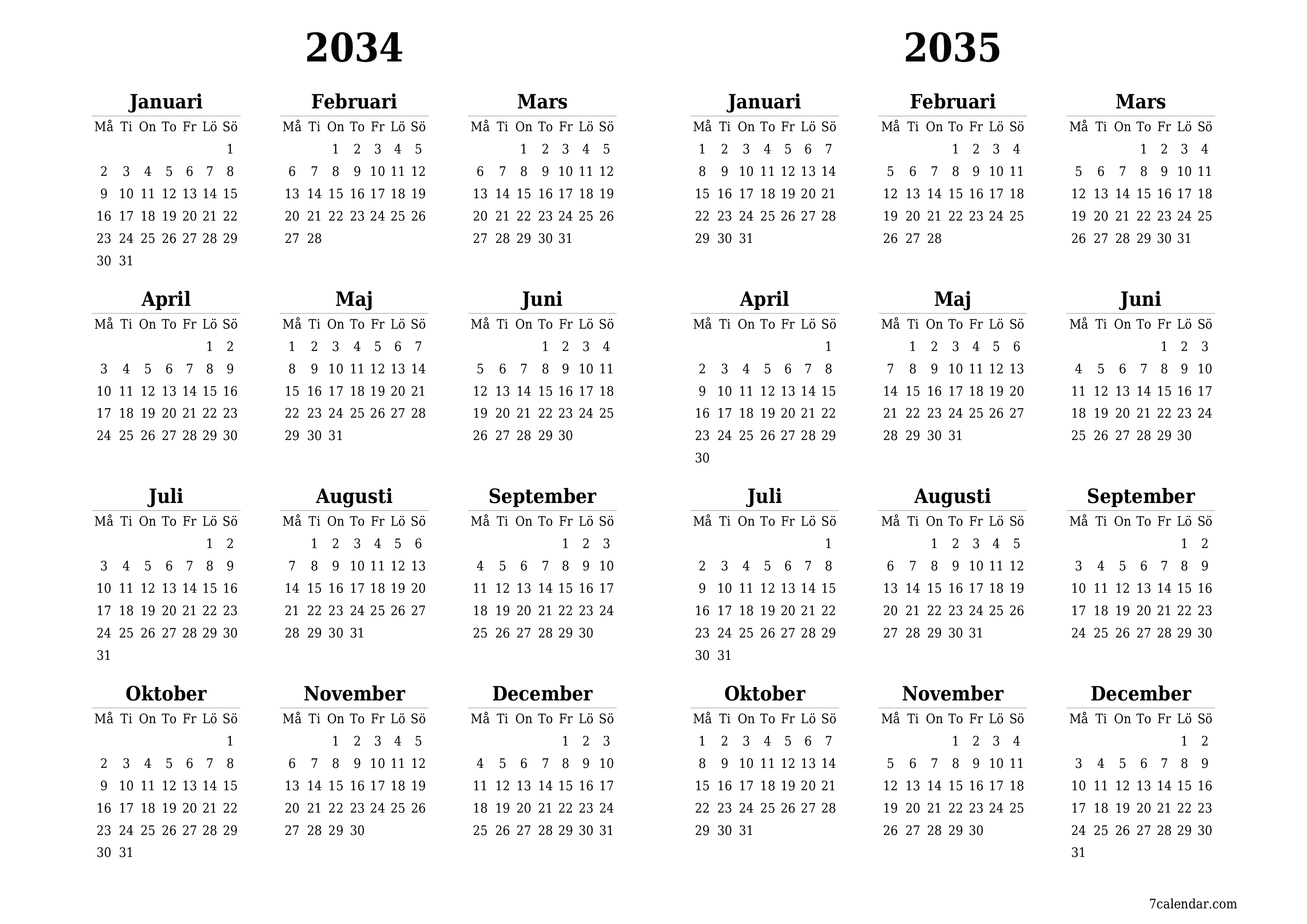 Tom årlig planeringskalender för året 2034, 2035 med anteckningar, spara och skriv ut till PDF PNG Swedish