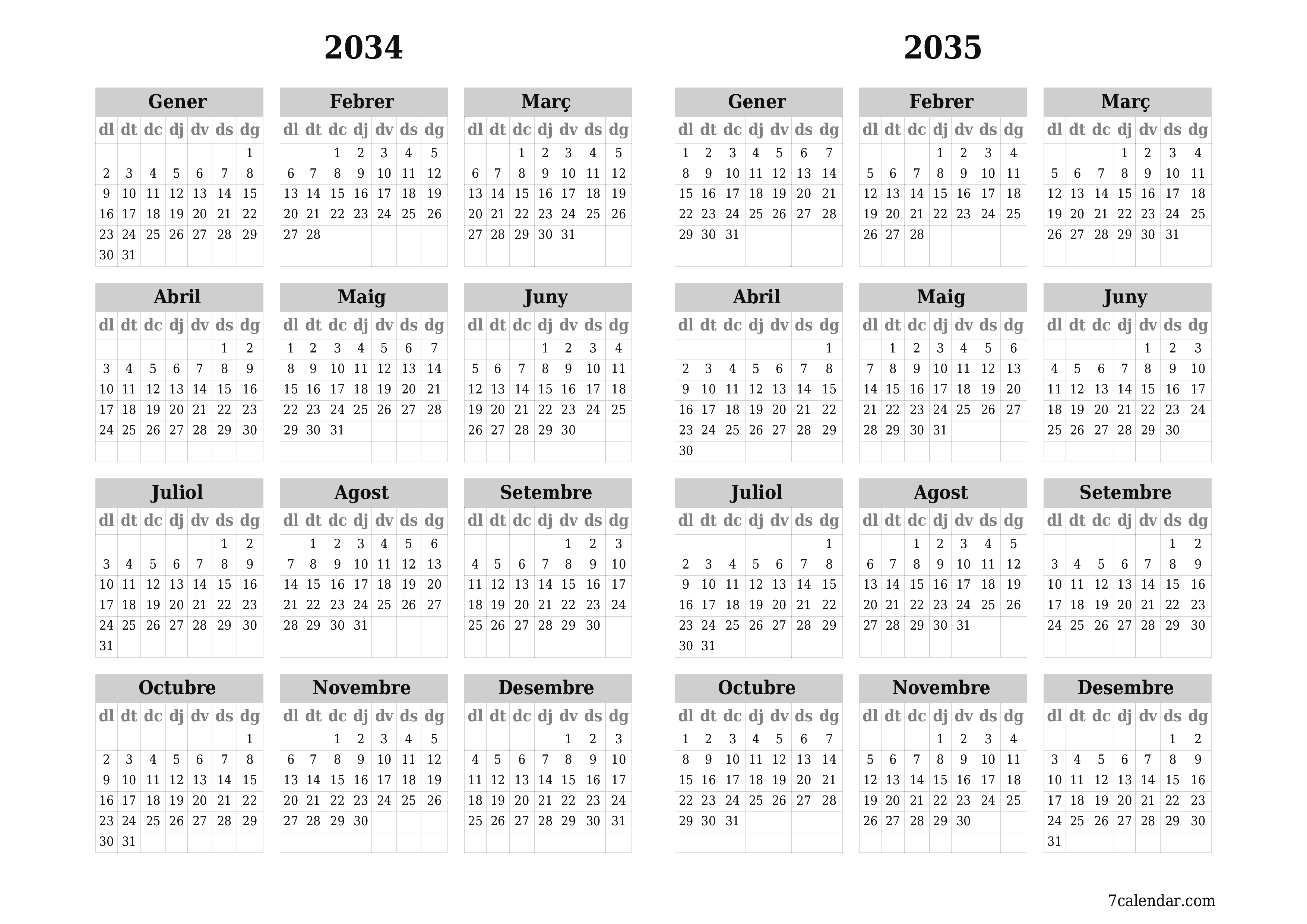 Planificador anual buit 2034, 2035 amb notes desades i imprimides en PDF PNG Catalan