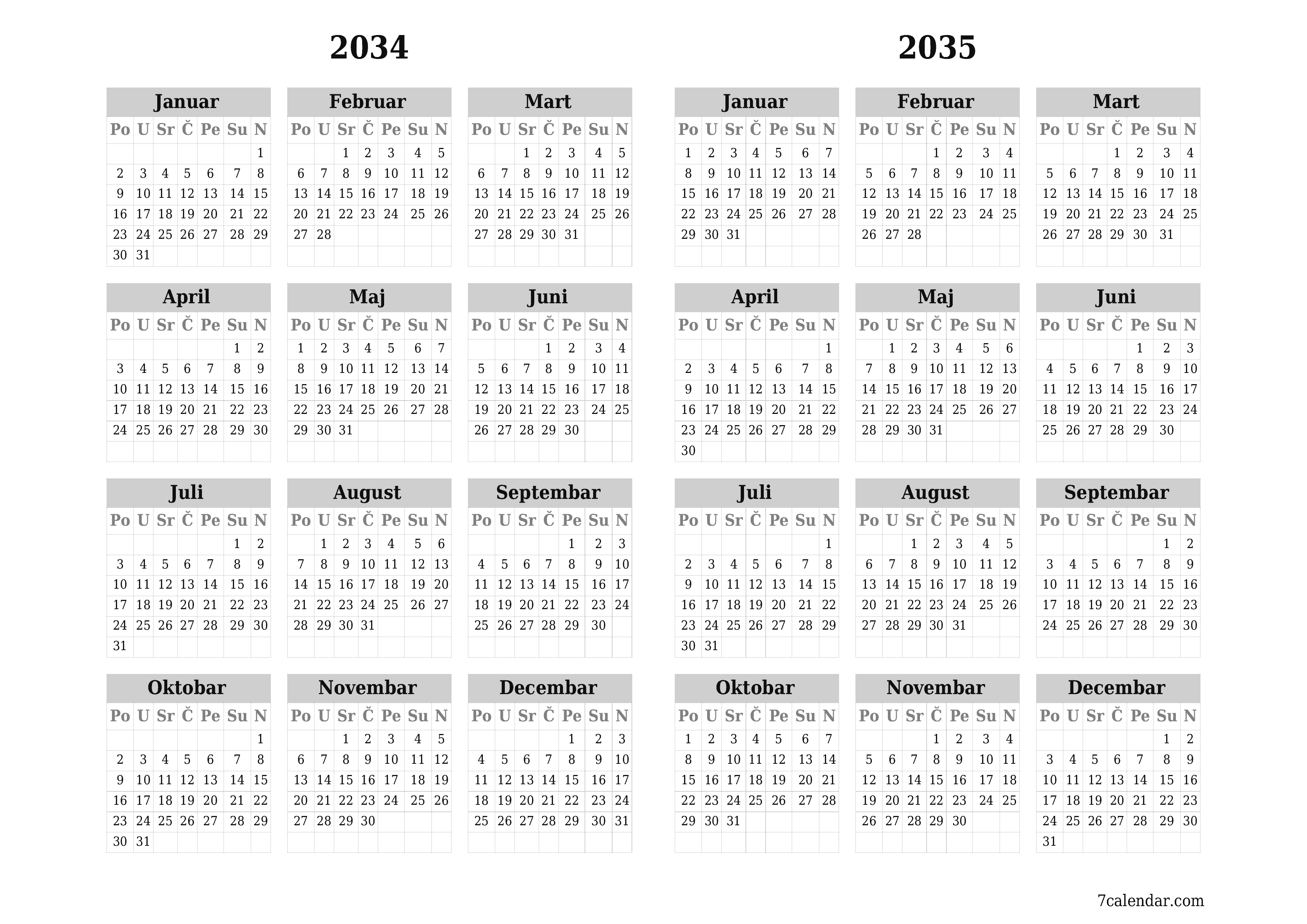 Ispraznite godišnji kalendar planera za godinu 2034, 2035 s bilješkama, spremite i ispišite u PDF PNG Bosnian