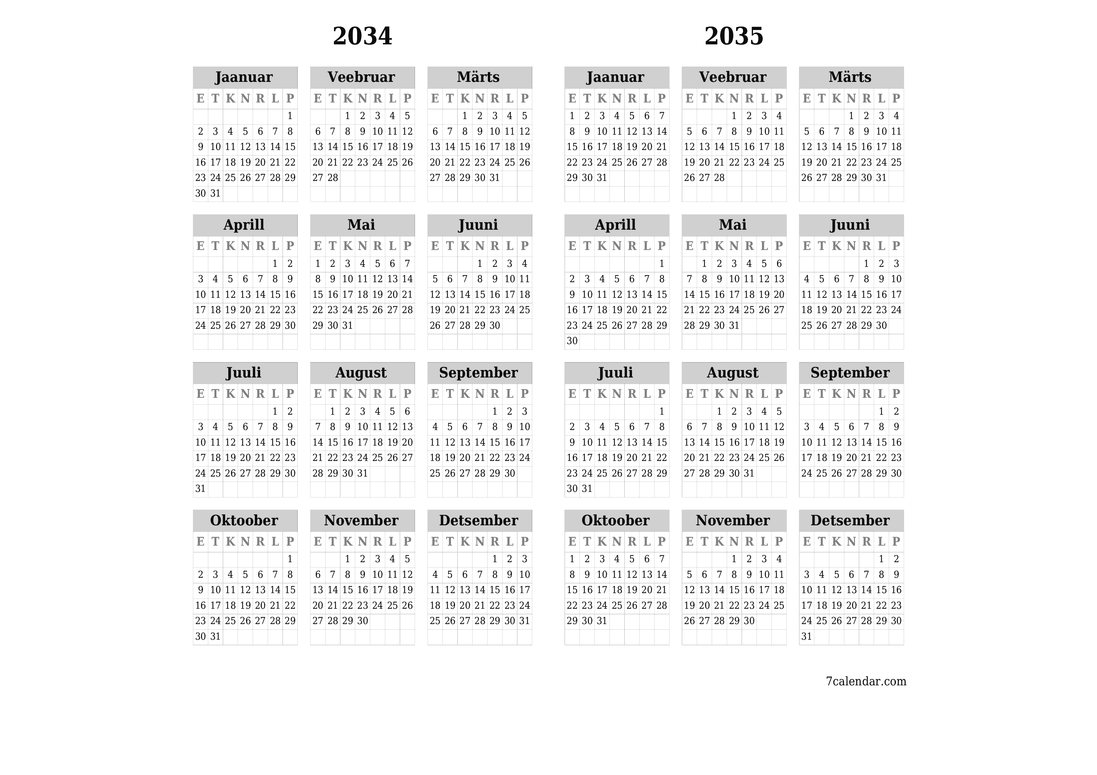 Tühi aasta planeerija kalender aastaks 2034, 2035 koos märkmetega, salvestage ja printige PDF-i PNG Estonian