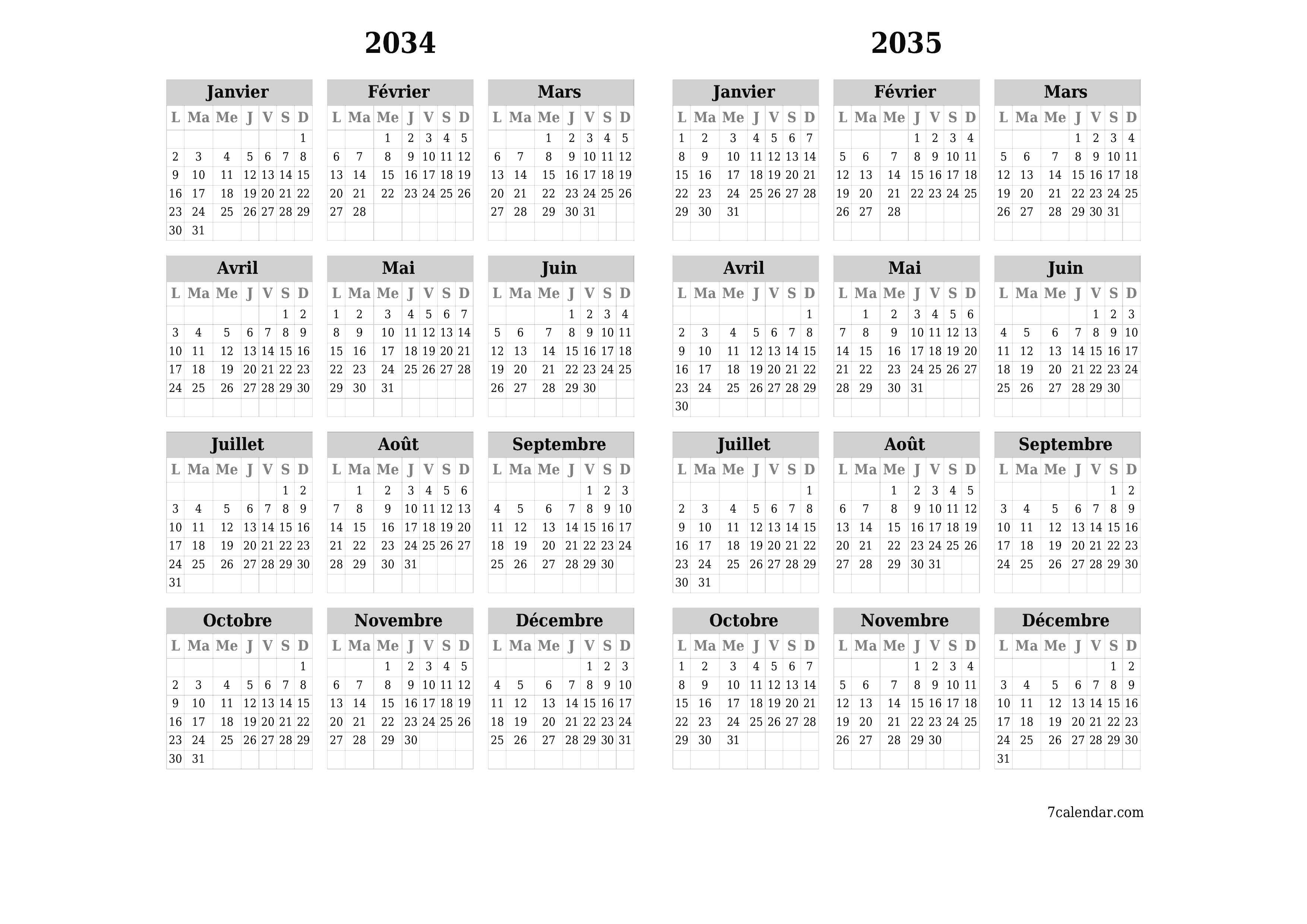 Calendrier annuel vide pour l'année 2034, 2035 avec notes, enregistrer et imprimer au format PDF PNG French