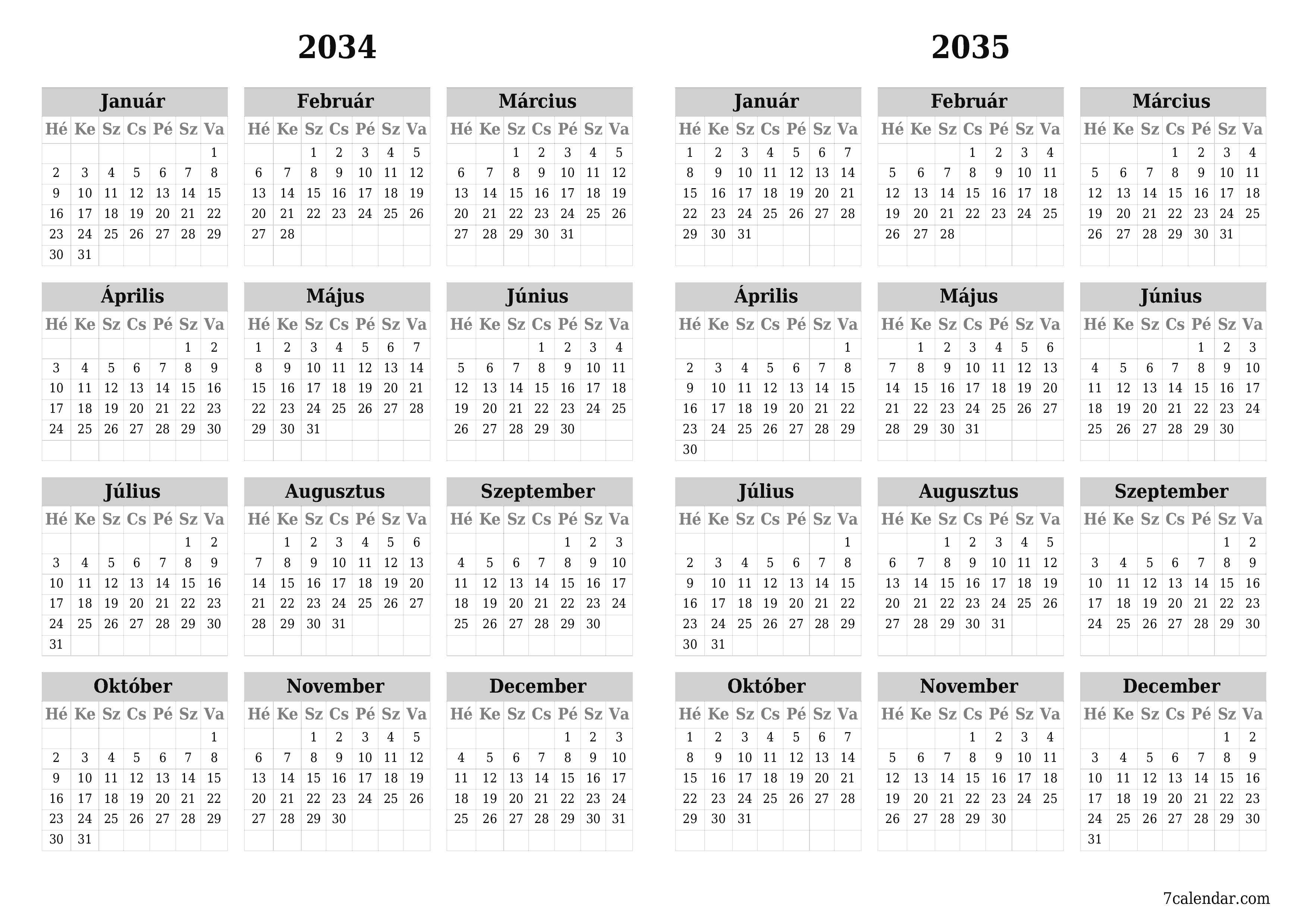 Üres éves tervezői naptár az évre 2034, 2035 jegyzetekkel, mentés és nyomtatás PDF-be PNG Hungarian