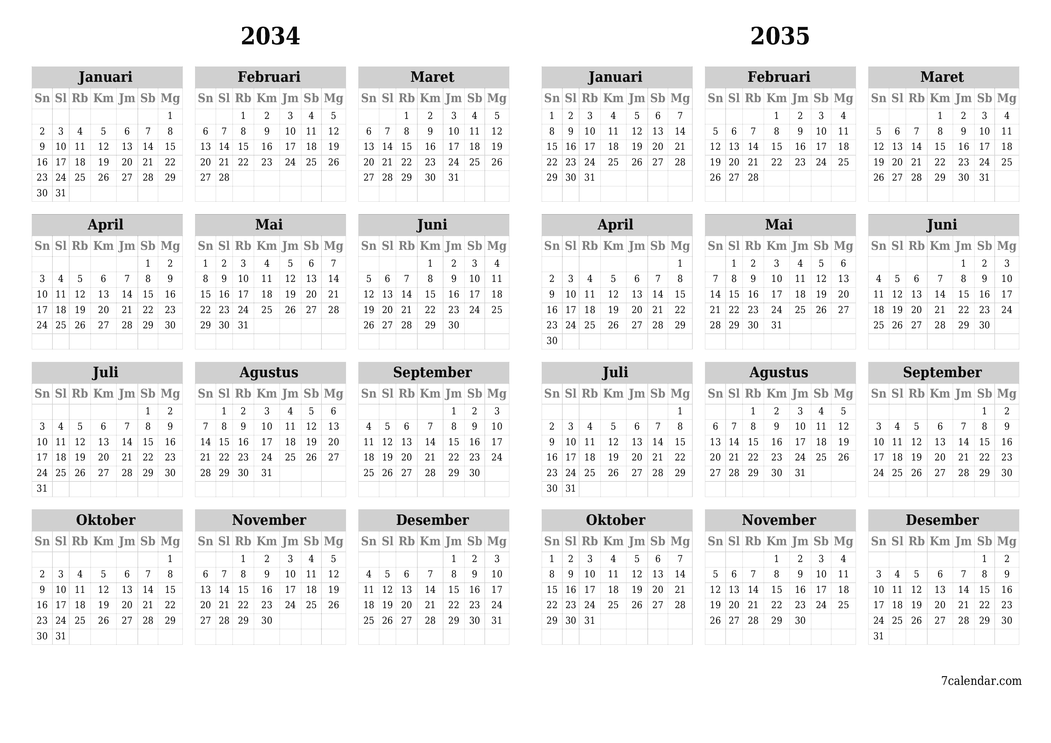 Kosongkan kalender perencana tahunan untuk tahun ini 2034, 2035 dengan catatan, simpan dan cetak ke PDF PNG Indonesian