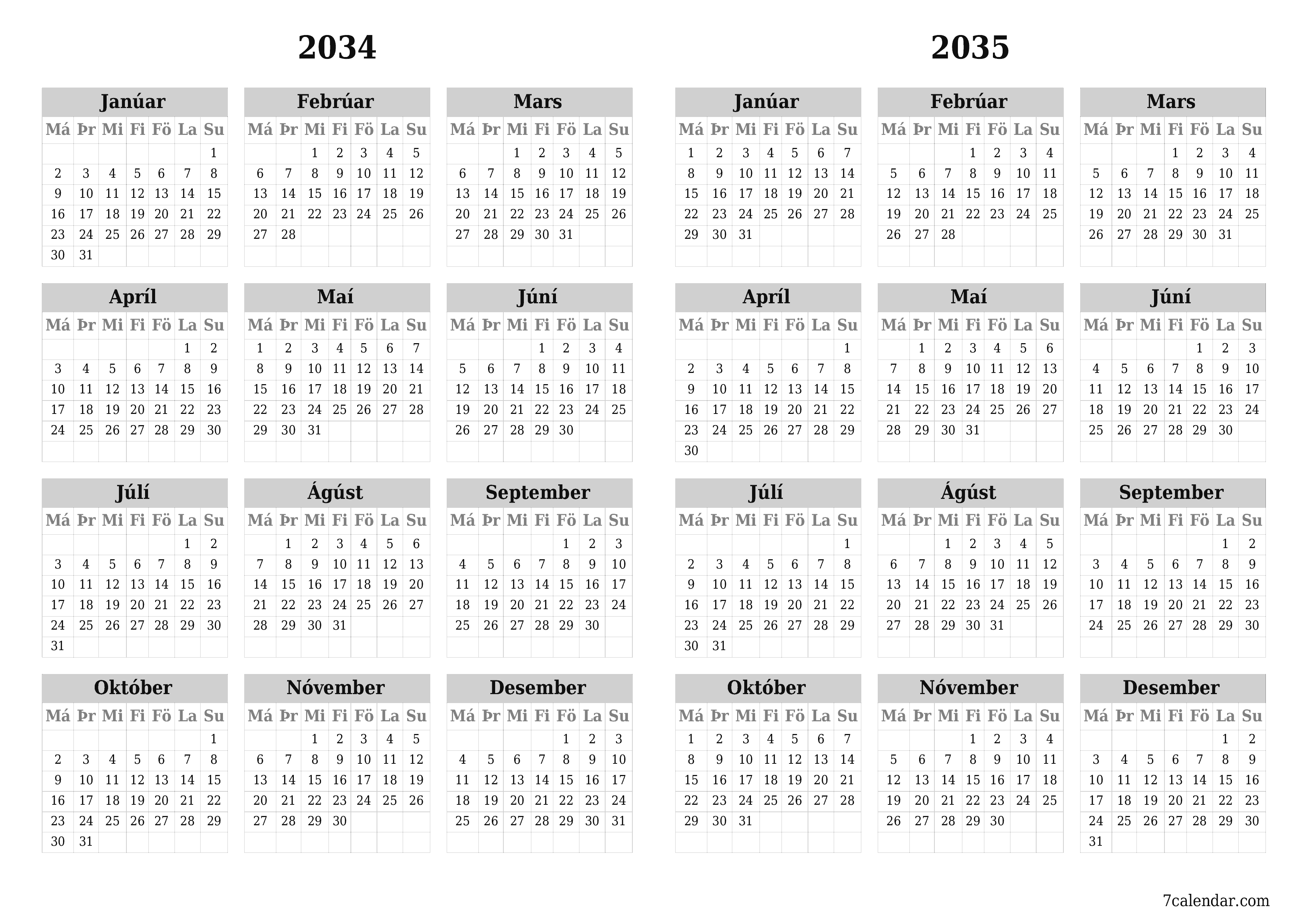 Tómt árlegt dagatal skipuleggjanda fyrir árið 2034, 2035 með athugasemdum, vista og prenta á PDF PNG Icelandic