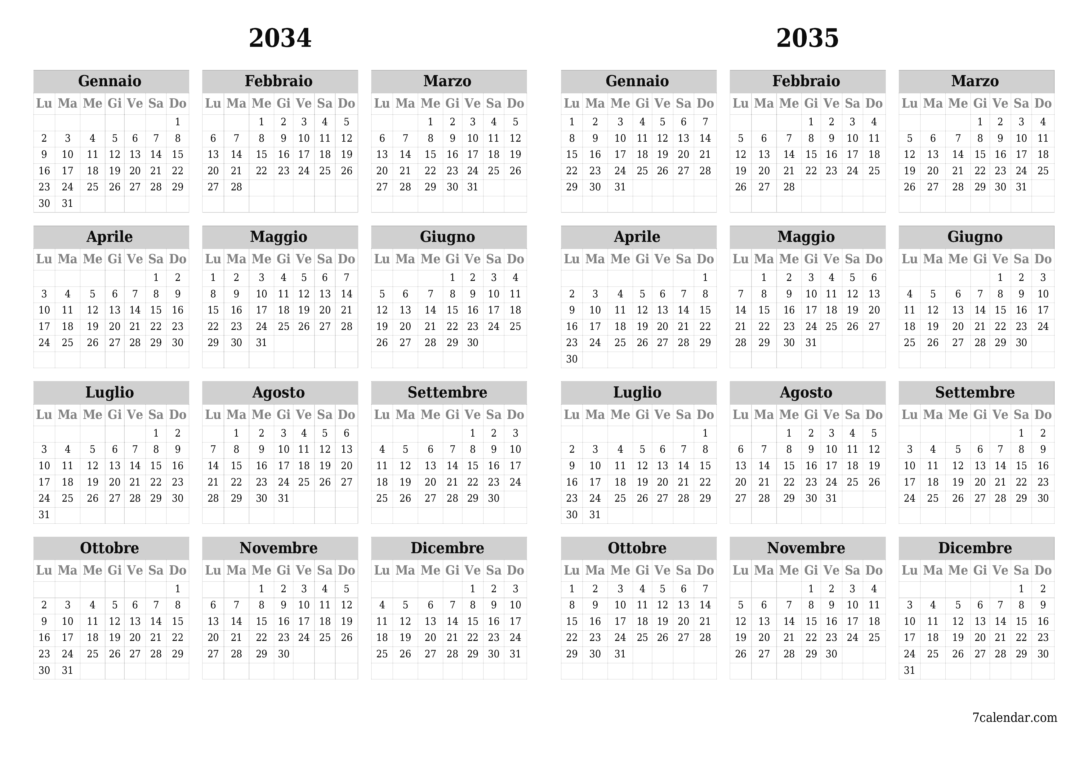 Calendario pianificatore annuale vuoto per l'anno 2034, 2035 con note, salva e stampa in PDF PNG Italian