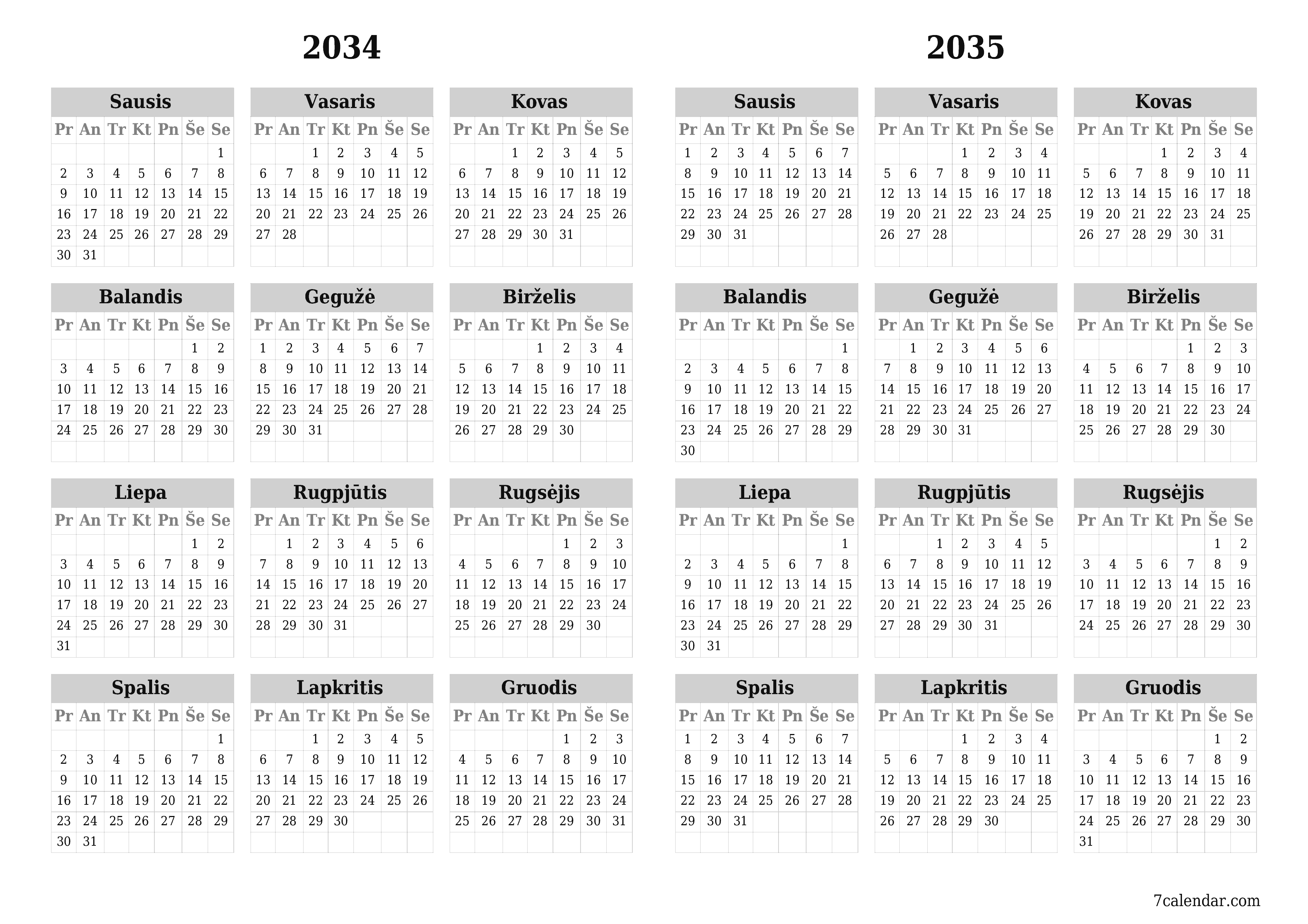 Tuščias metų planavimo kalendorius 2034, 2035 su užrašais, išsaugokite ir atsispausdinkite PDF formatu PNG Lithuanian