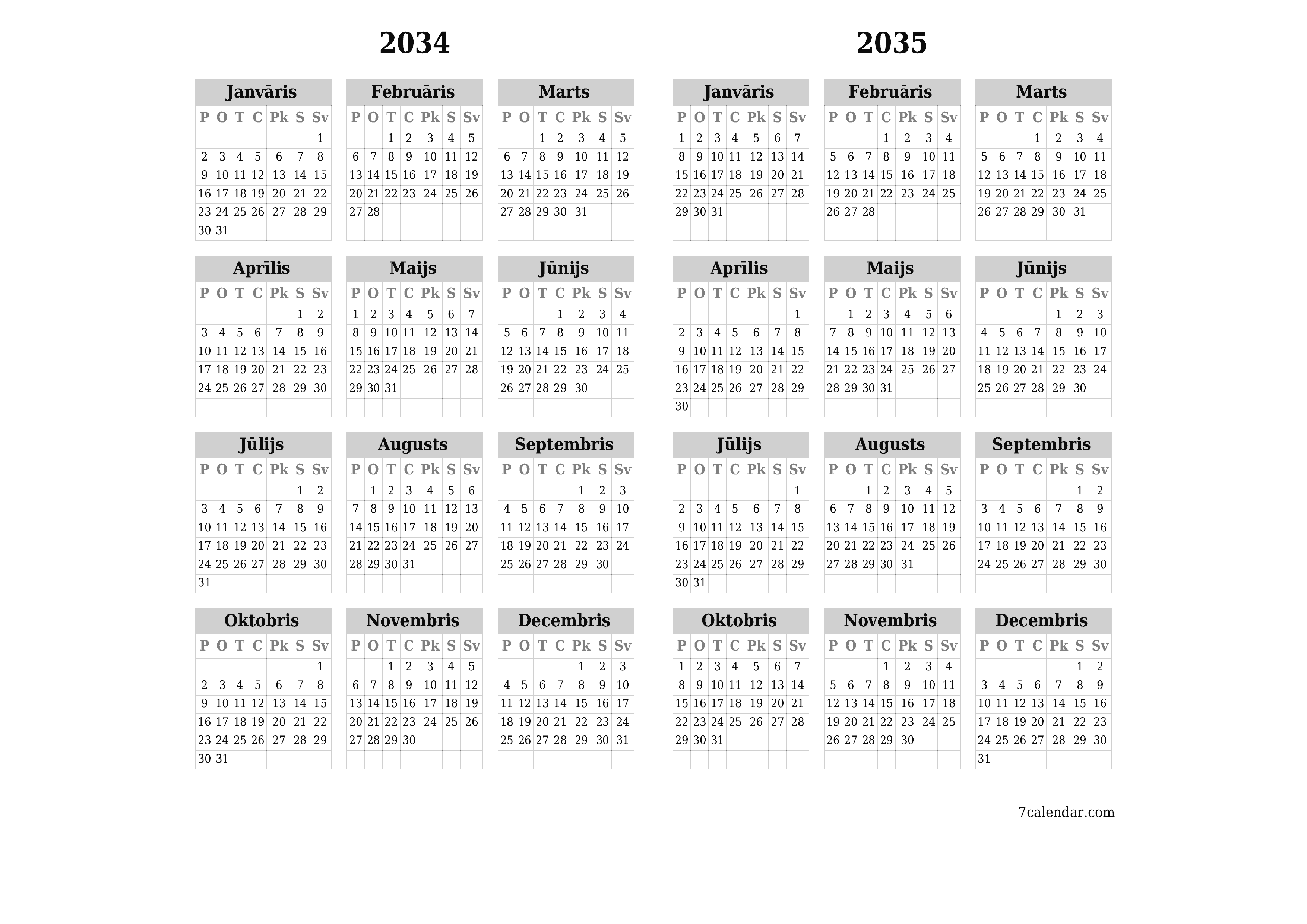 Tukšs gada plānotāja kalendārs gadam 2034, 2035 ar piezīmēm, saglabāšana un izdrukāšana PDF formātā PNG Latvian