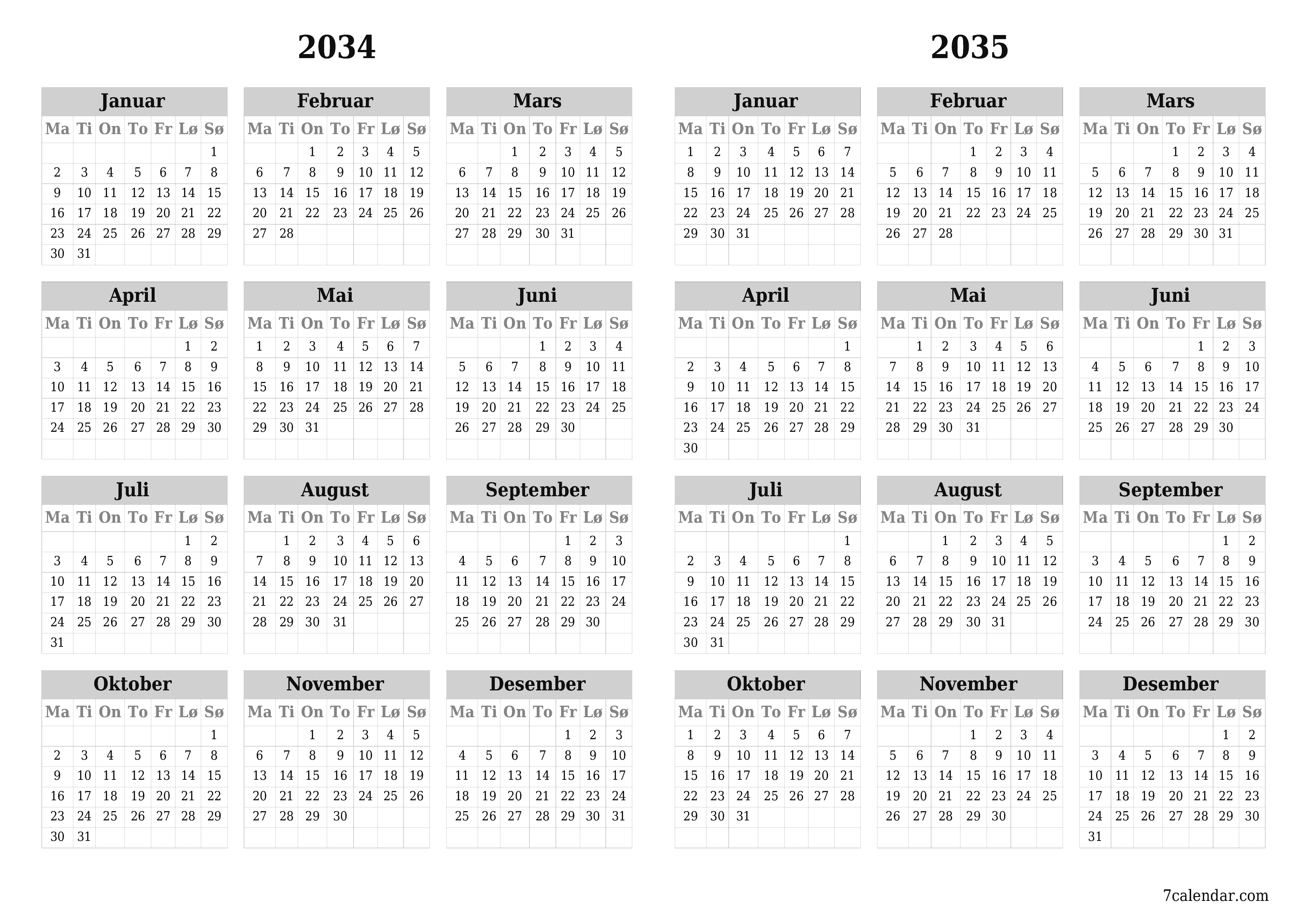 Tom årlig planleggerkalender for året 2034, 2035 med notater, lagre og skrive ut i PDF PNG Norwegian