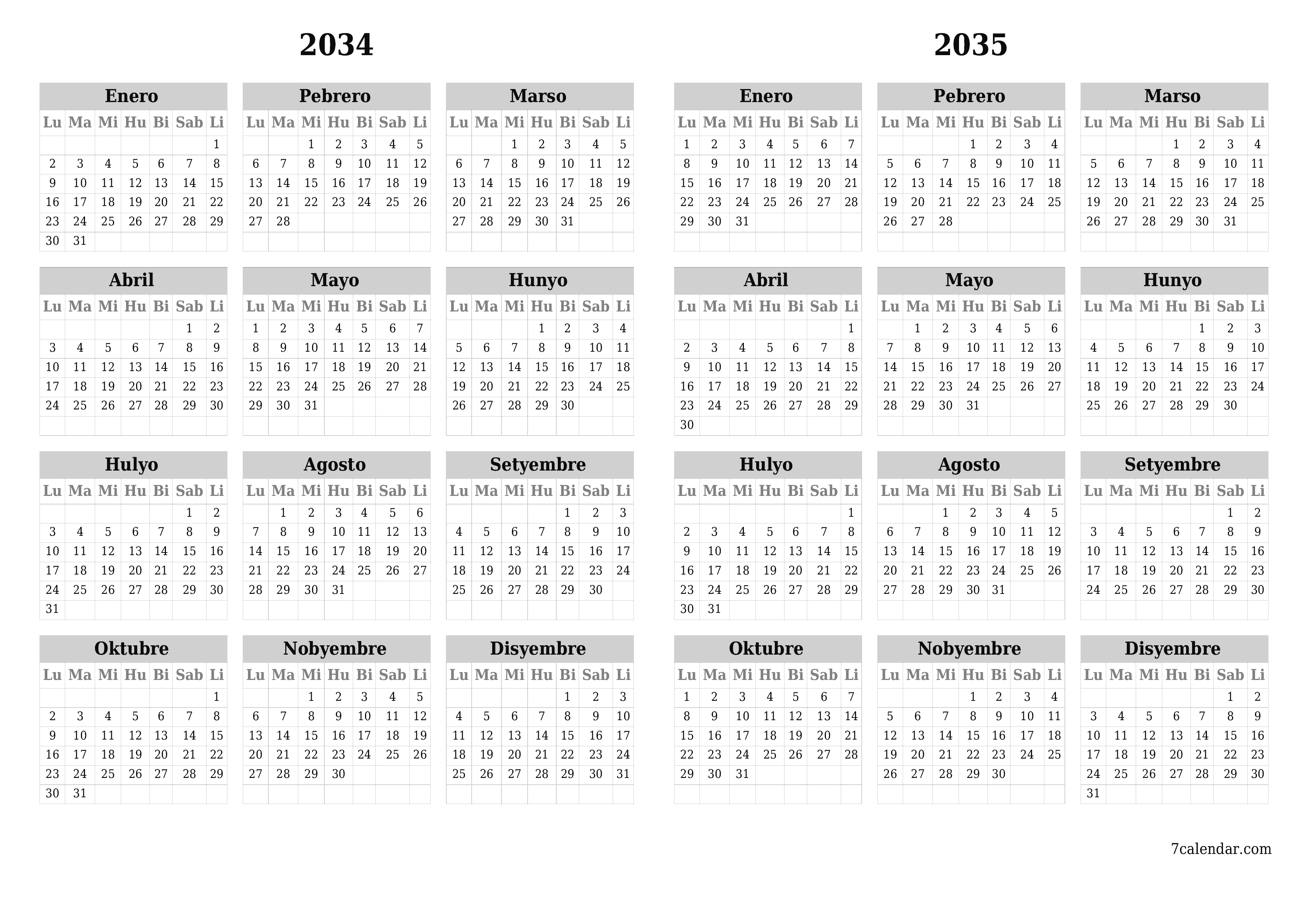 Walang laman ang taunang kalendaryo ng tagaplano para sa taong 2034, 2035 na may mga tala, i-save at i-print sa PDF PNG Filipino