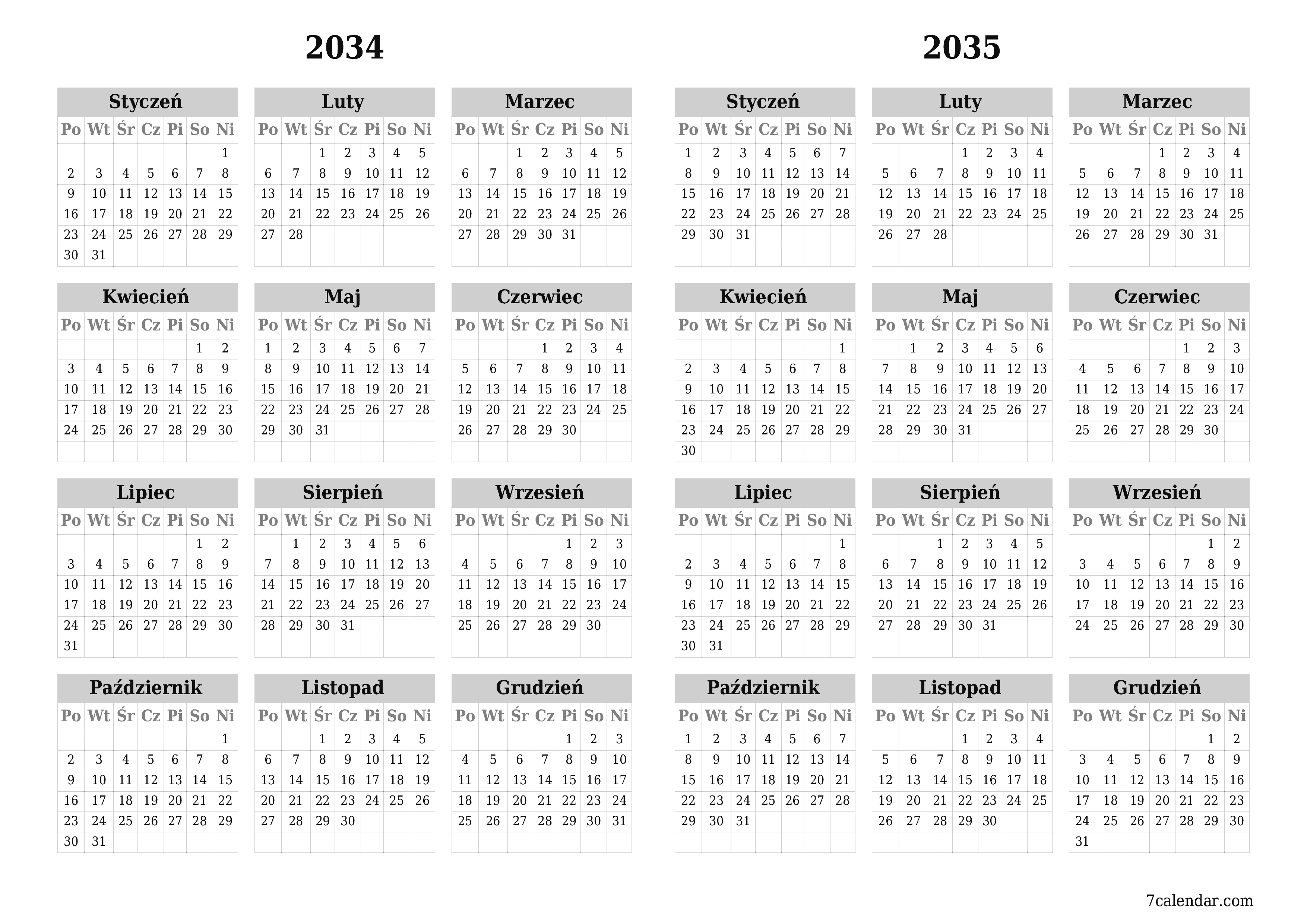 Opróżnij kalendarz rocznego planowania na rok 2034, 2035 z notatkami, zapisz i wydrukuj w formacie PDF PNG Polish