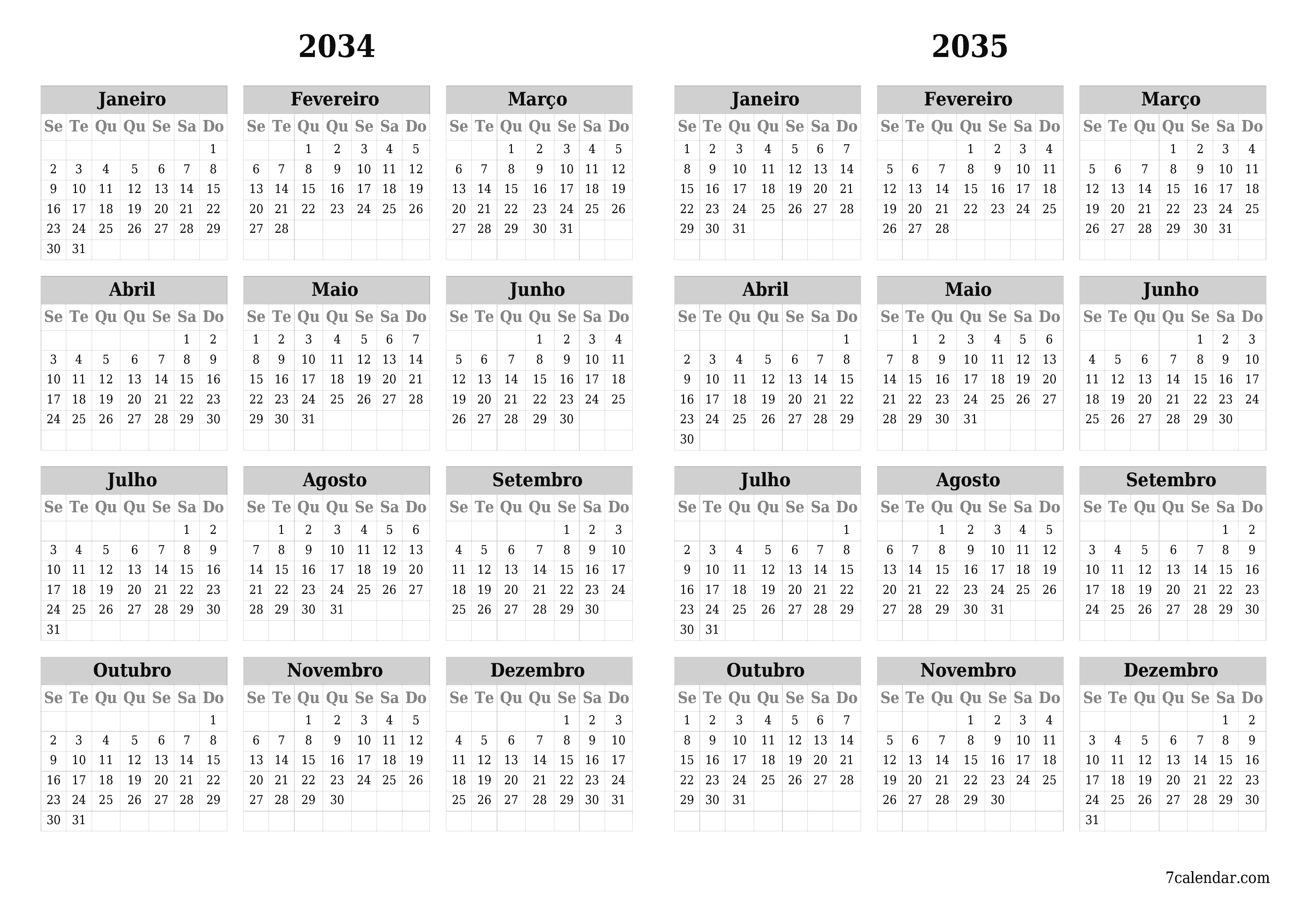 Calendário de planejador anual vazio para o ano 2034, 2035 com notas, salve e imprima em PDF PNG Portuguese