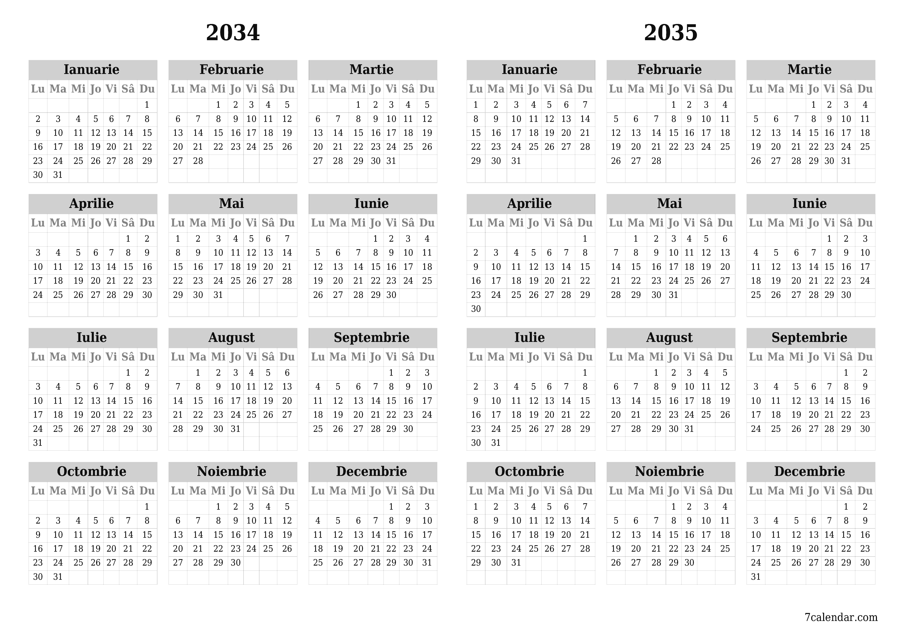 Goliți calendarul anual al planificatorului pentru anul 2034, 2035 cu note, salvați și tipăriți în PDF PNG Romanian