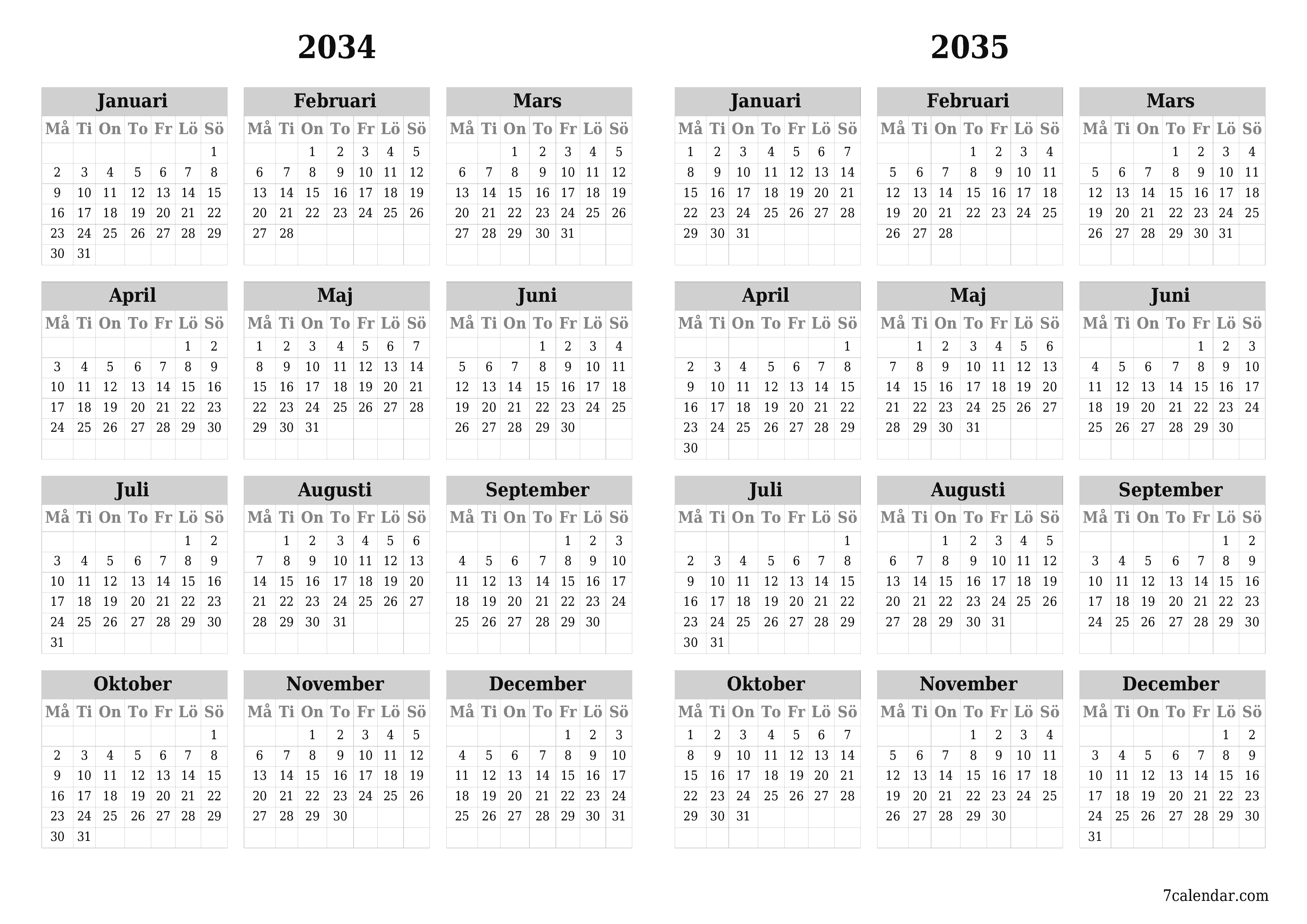 Tom årlig planeringskalender för året 2034, 2035 med anteckningar, spara och skriv ut till PDF PNG Swedish