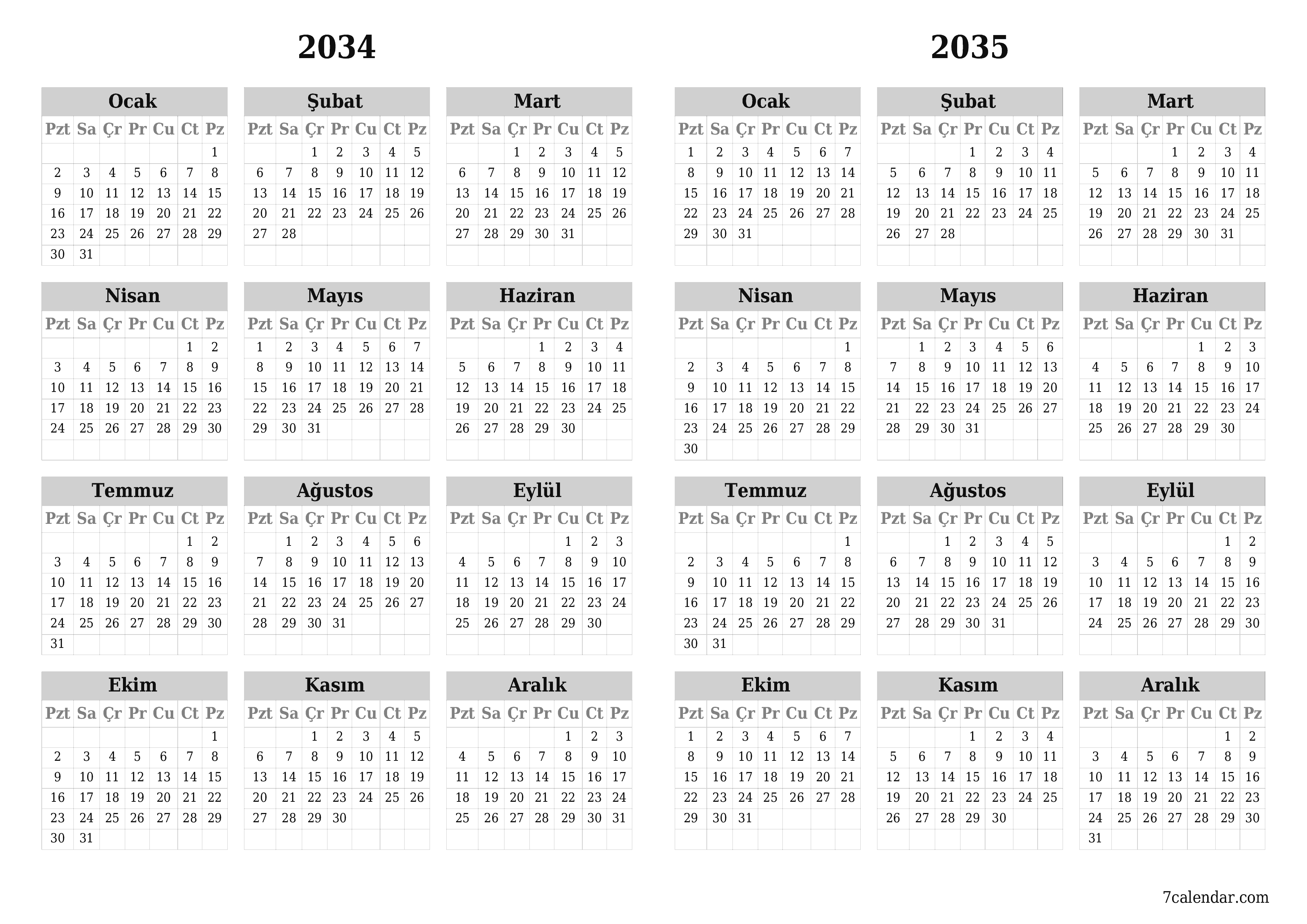 Notlarla 2034, 2035 yıl için yıllık planlayıcı takvimini boşaltın, kaydedin ve PDF olarak yazdırın PNG Turkish