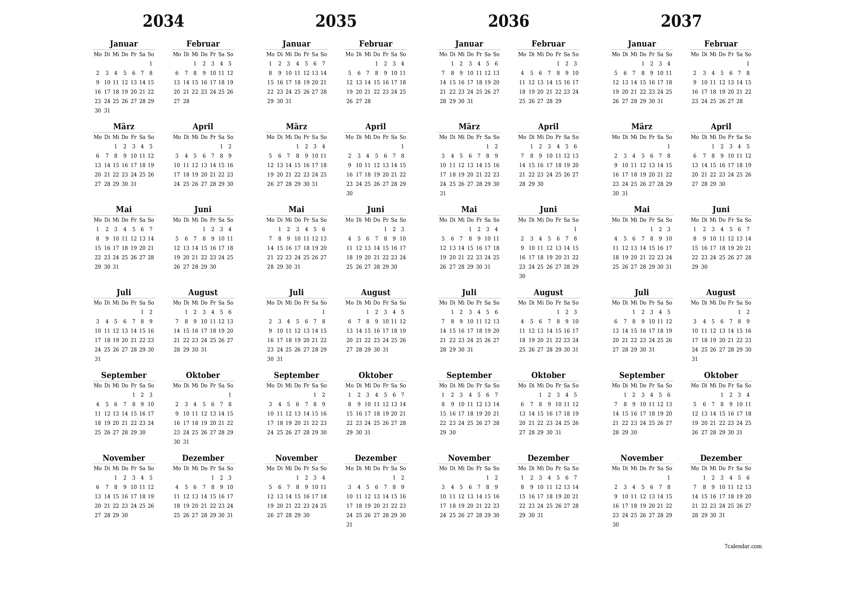 Jahresplanerkalender für das Jahr 2034, 2035, 2036, 2037 mit Notizen leeren, speichern und als PDF PNG German - 7calendar.com drucken