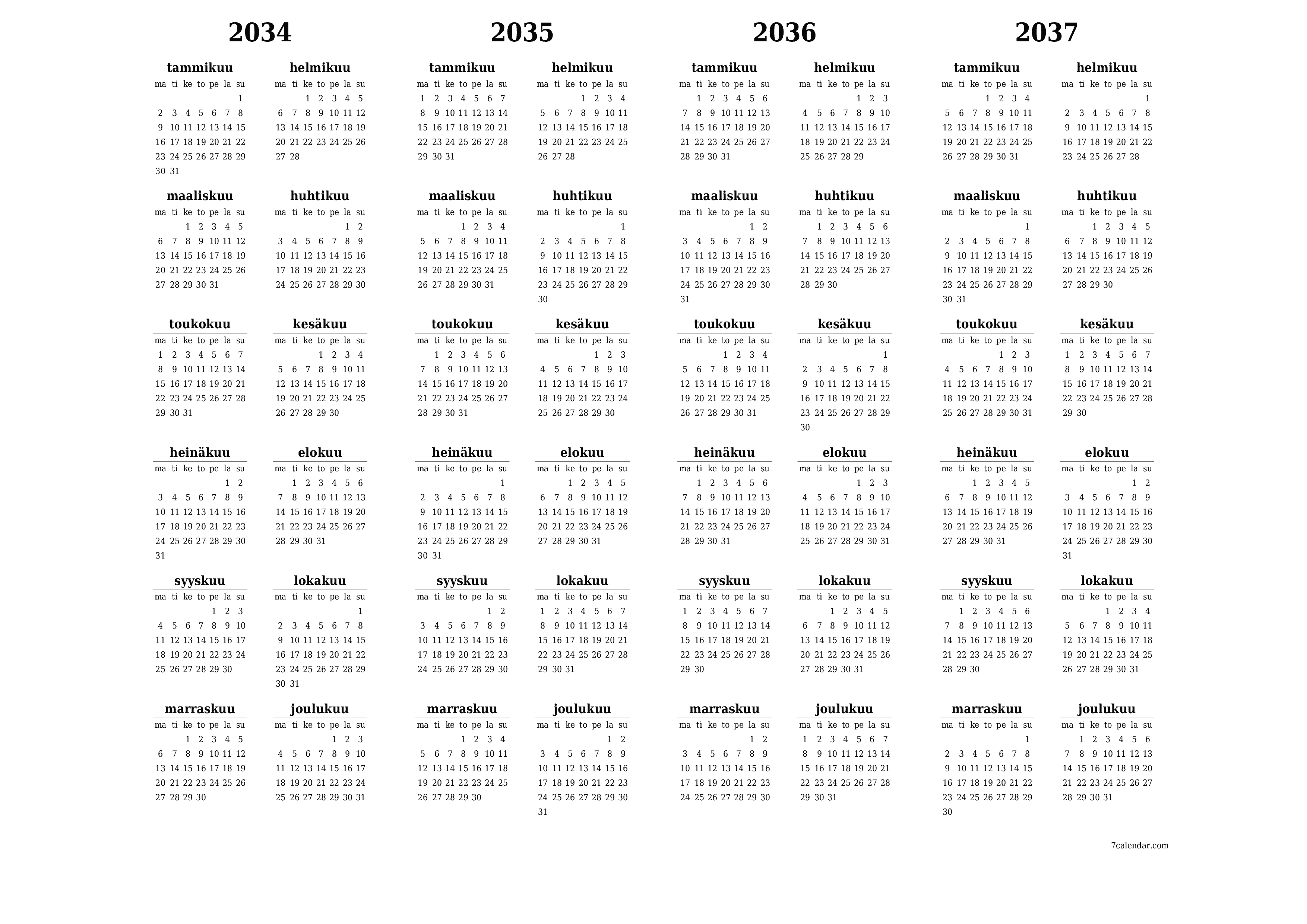 Tyhjä vuosisuunnittelukalenteri vuodelle 2034, 2035, 2036, 2037 muistiinpanoilla, tallenna ja tulosta PDF-muotoon PNG Finnish